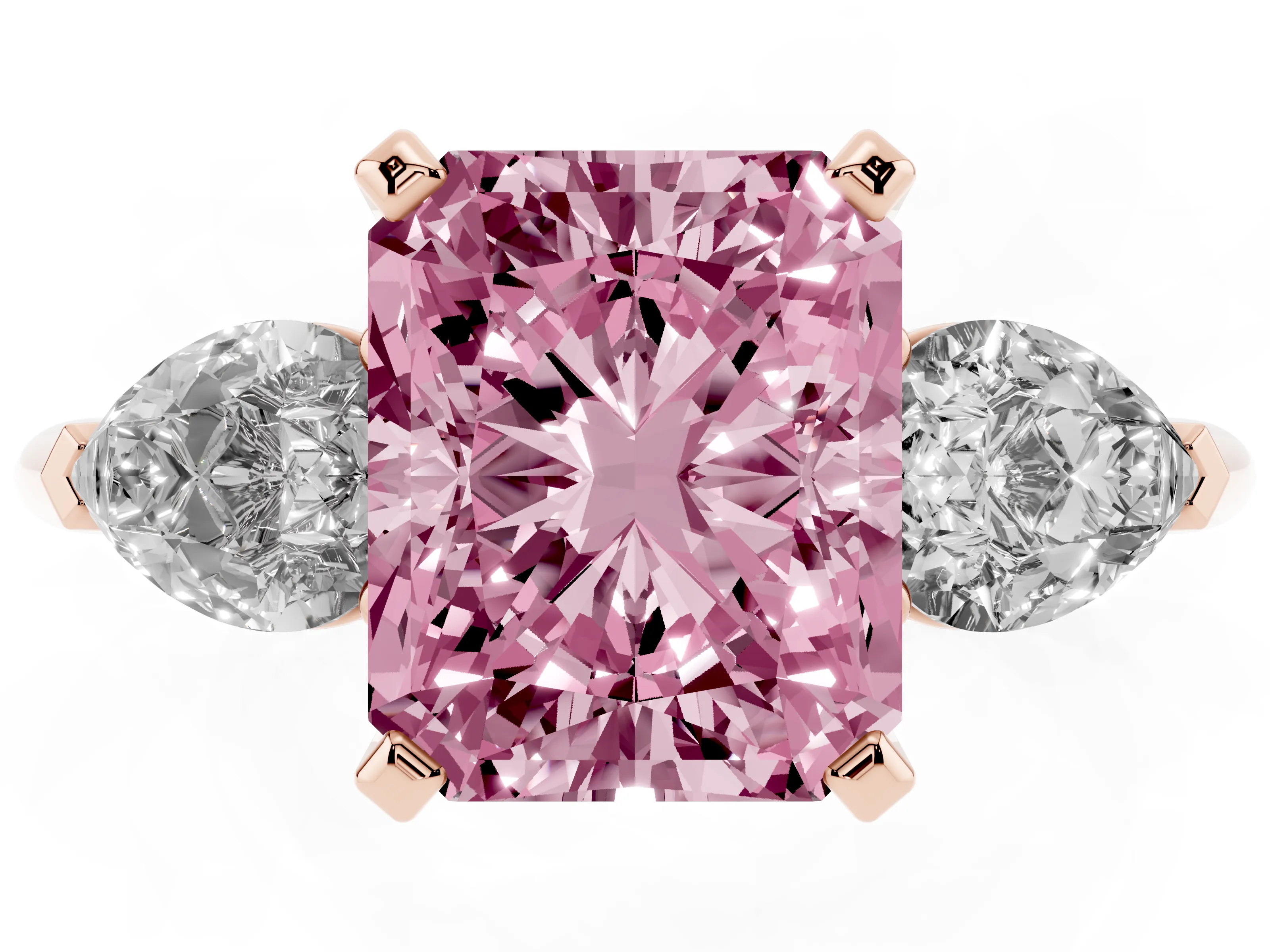 Fancy Pink Three-Stone Radiant Cut Diamond Ring Set in Rose gold with Pear Side Stones and Prong Setting