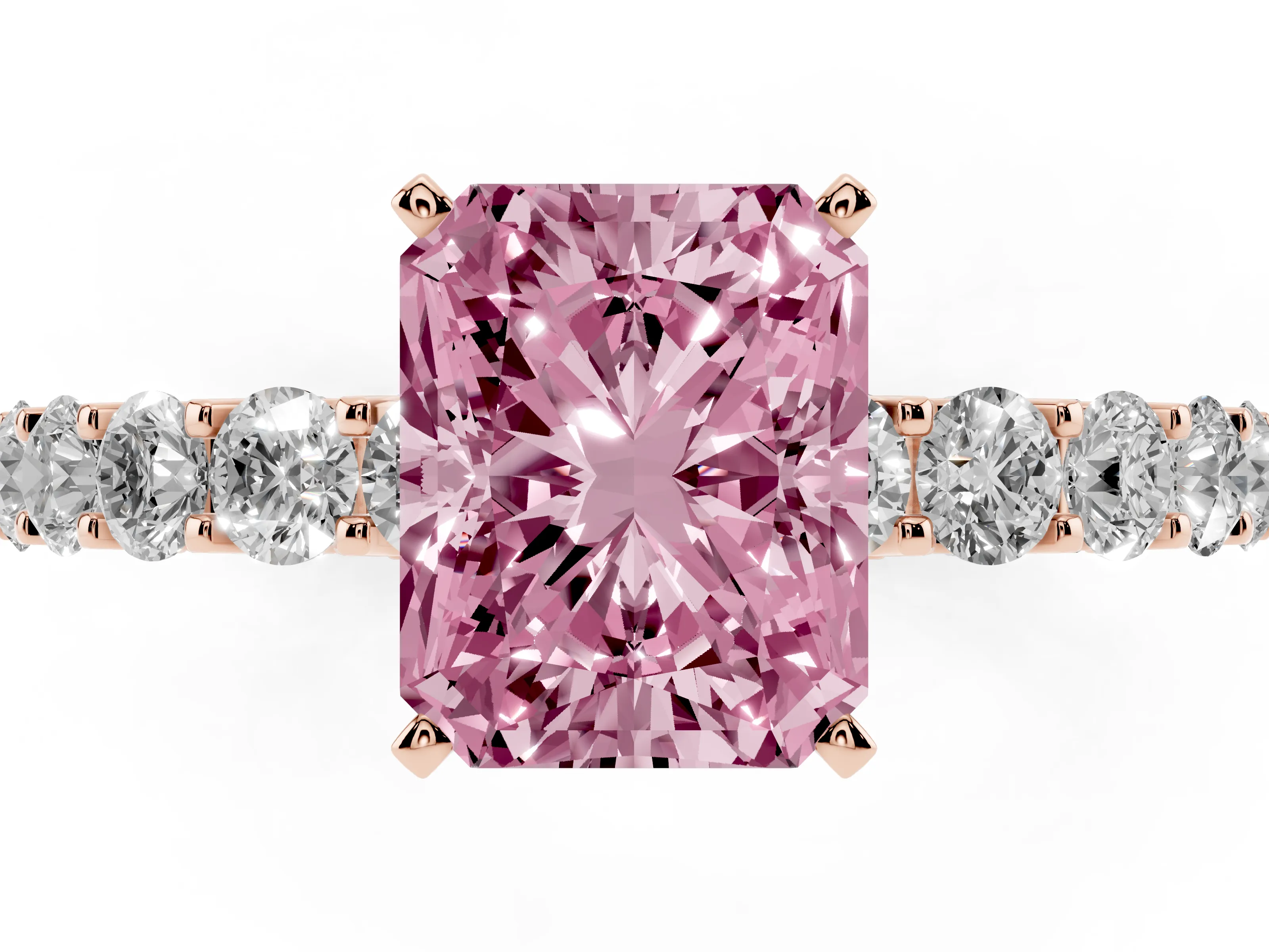 Fancy Pink Radiant Cut Diamond Solitaire Ring Set in Rose gold with Shared Prong Pavé Band