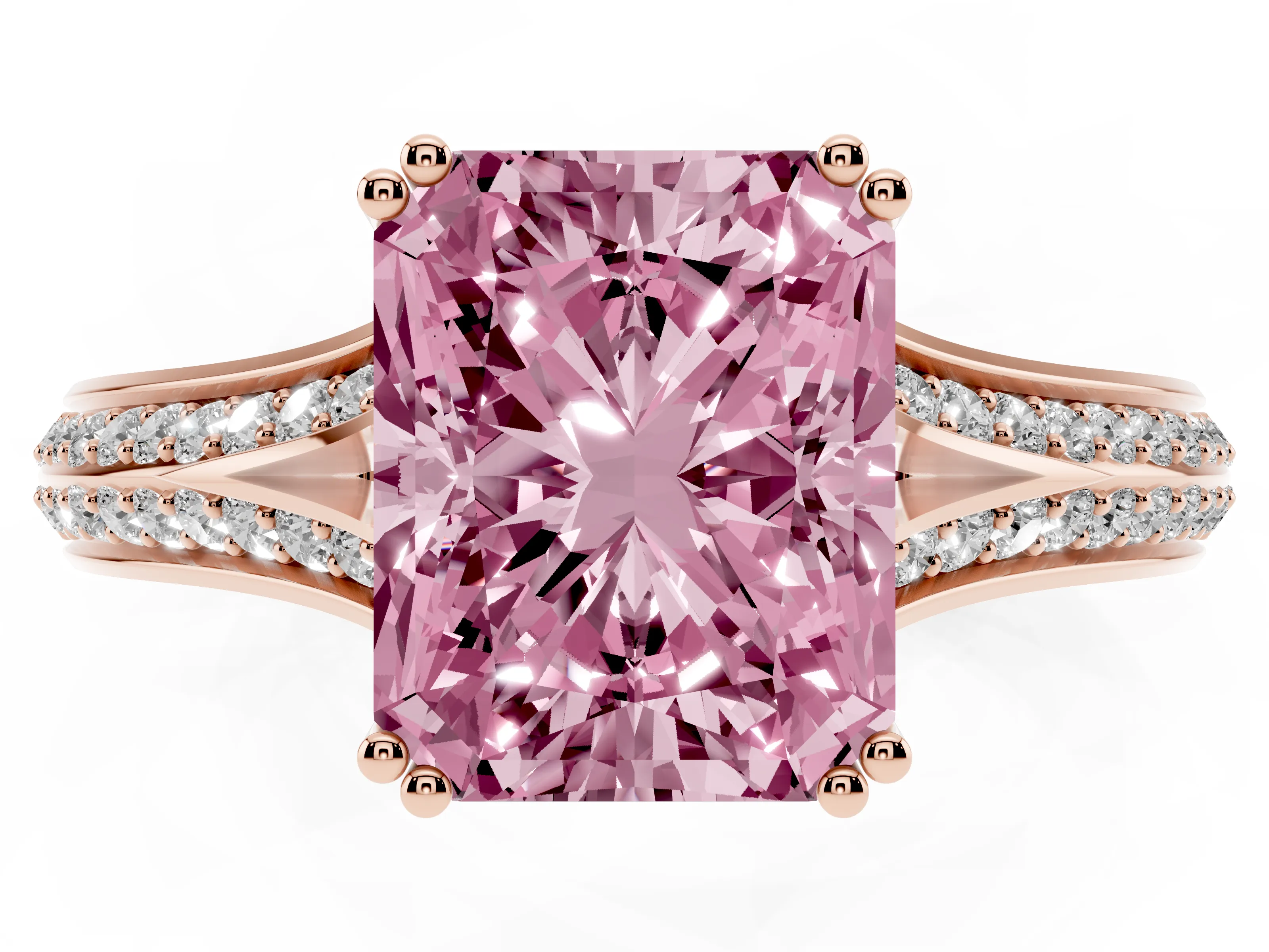Fancy Pink Radiant Cut Diamond Split Shank Pavé Engagement Ring Set in Rose gold with Prong-Set Center Stone