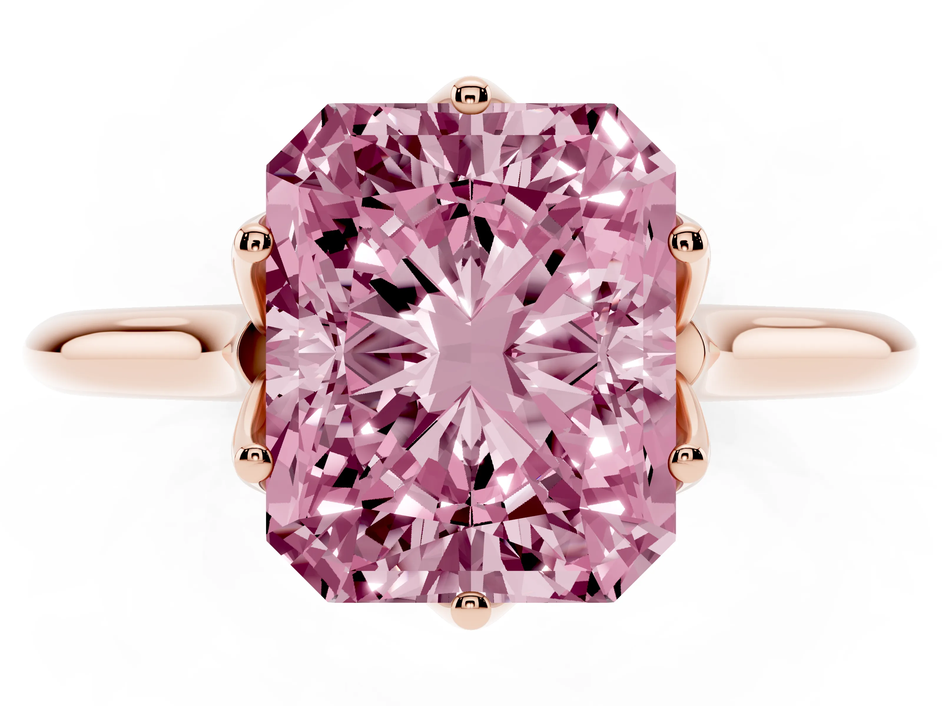 Fancy Pink Radiant Cut Diamond Solitaire Cathedral Ring Set in Rose gold with Prong Setting
