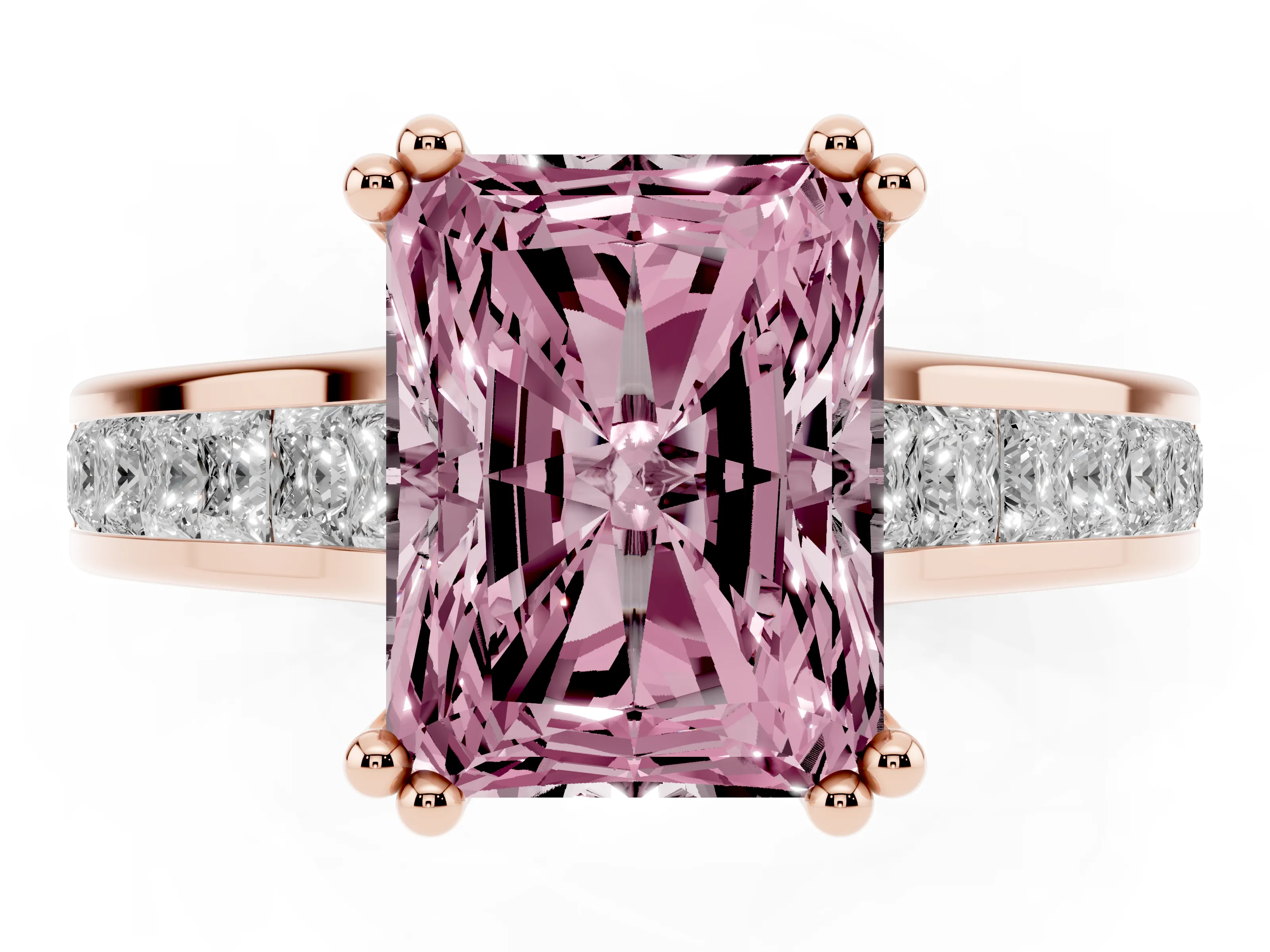 Fancy Pink Radiant Cut Diamond Channel Set Solitaire Engagement Ring Set in Rose gold with Prong Setting