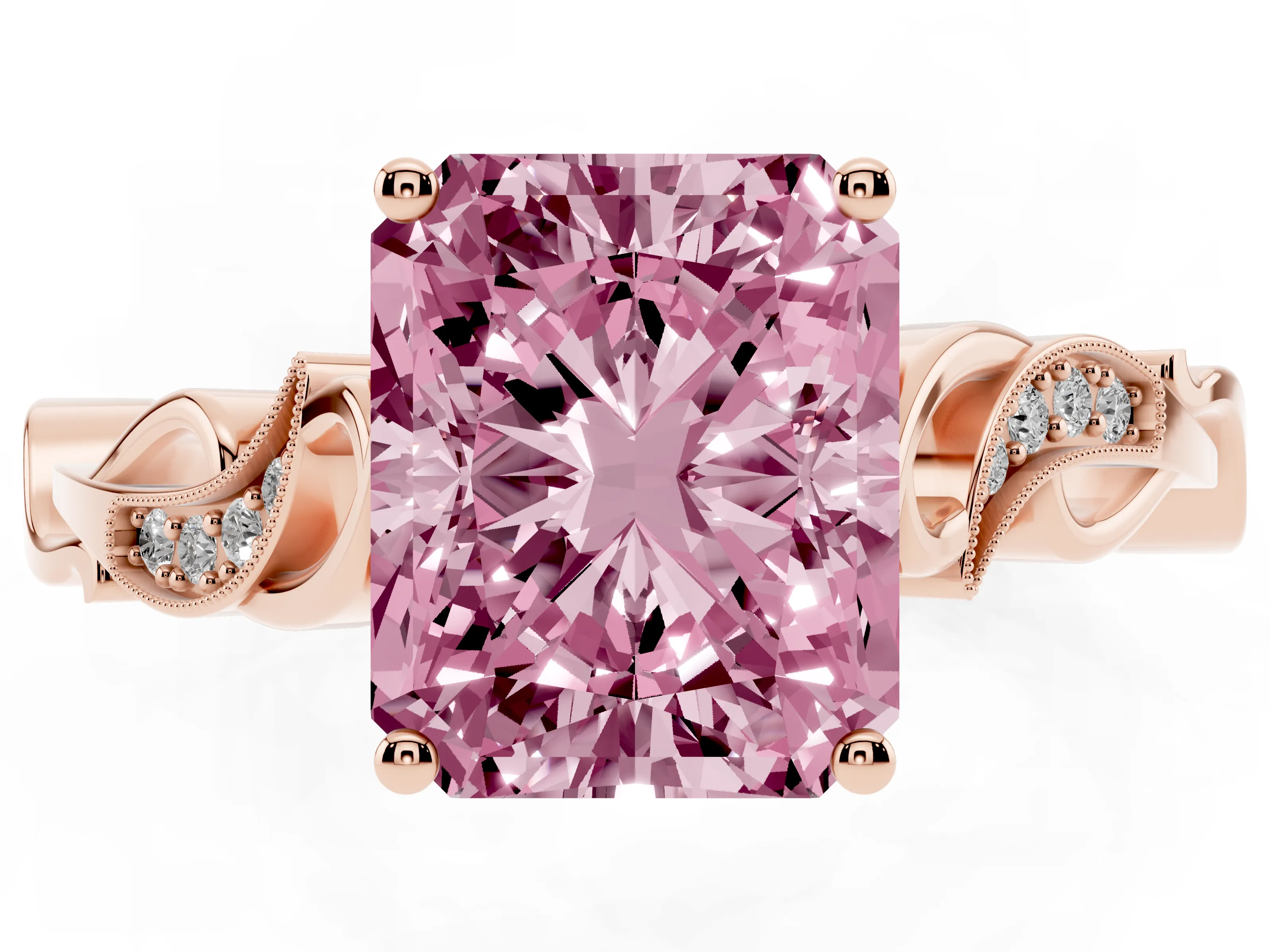 Fancy Pink Radiant Cut Diamond Vine Band Solitaire Ring Set in Rose gold with Milgrain Prong Setting