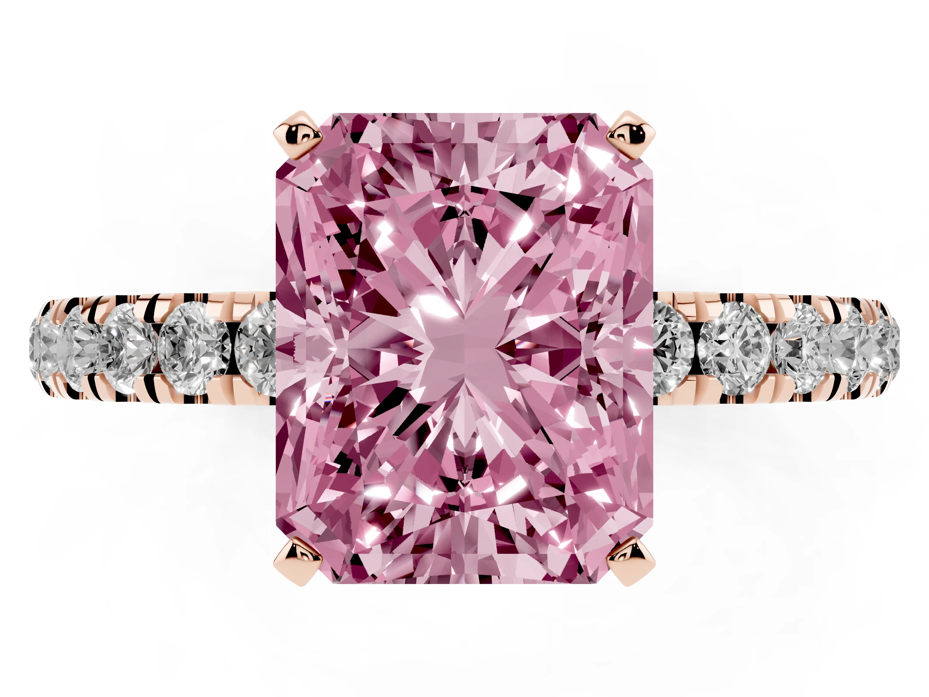Fancy Pink Radiant Cut Diamond Solitaire Ring Set in Rose gold with Pavé Accents and Prong Setting