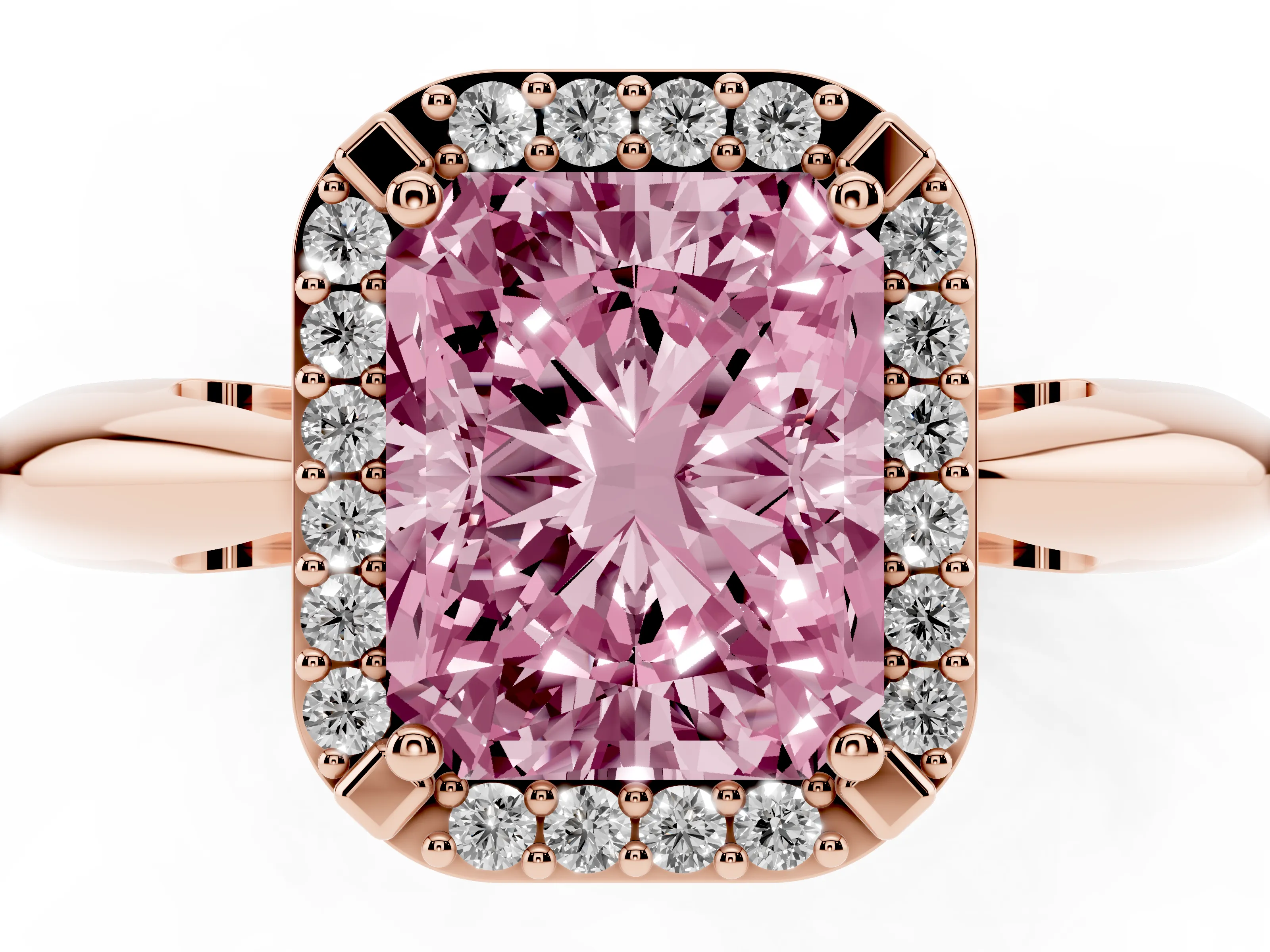 Fancy Pink Radiant Cut Diamond Halo Engagement Ring Set in Rose gold with Plain Split Shank and Prong Setting