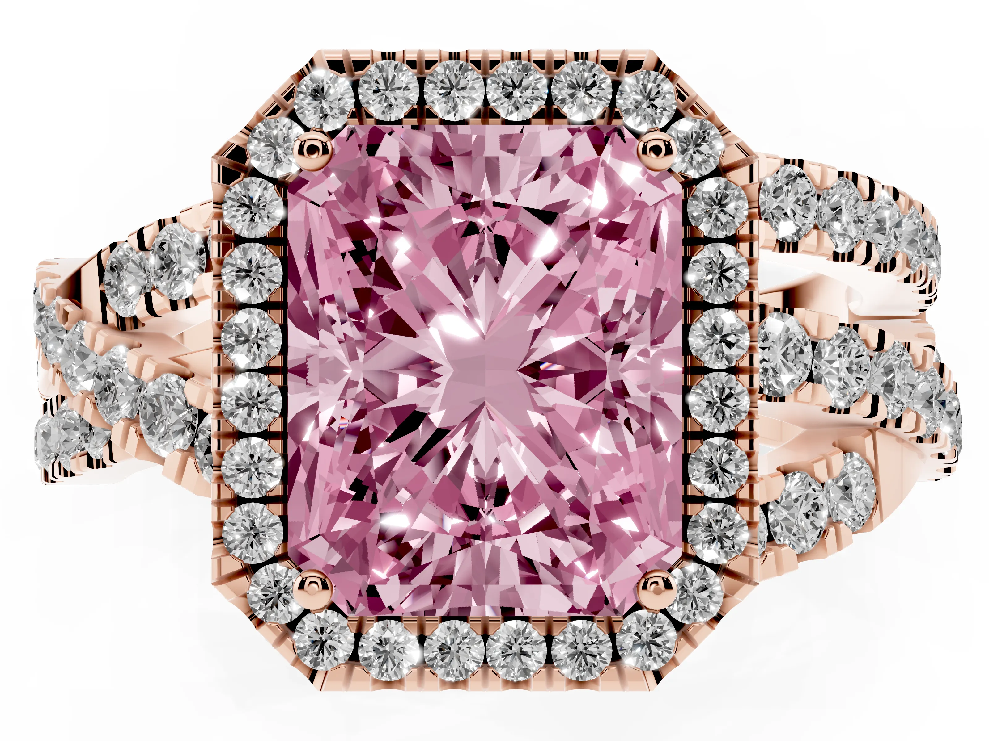 Fancy Pink Radiant Cut Diamond Halo Ring Set in Rose gold with Round Crossover Split Shank and Prong Setting