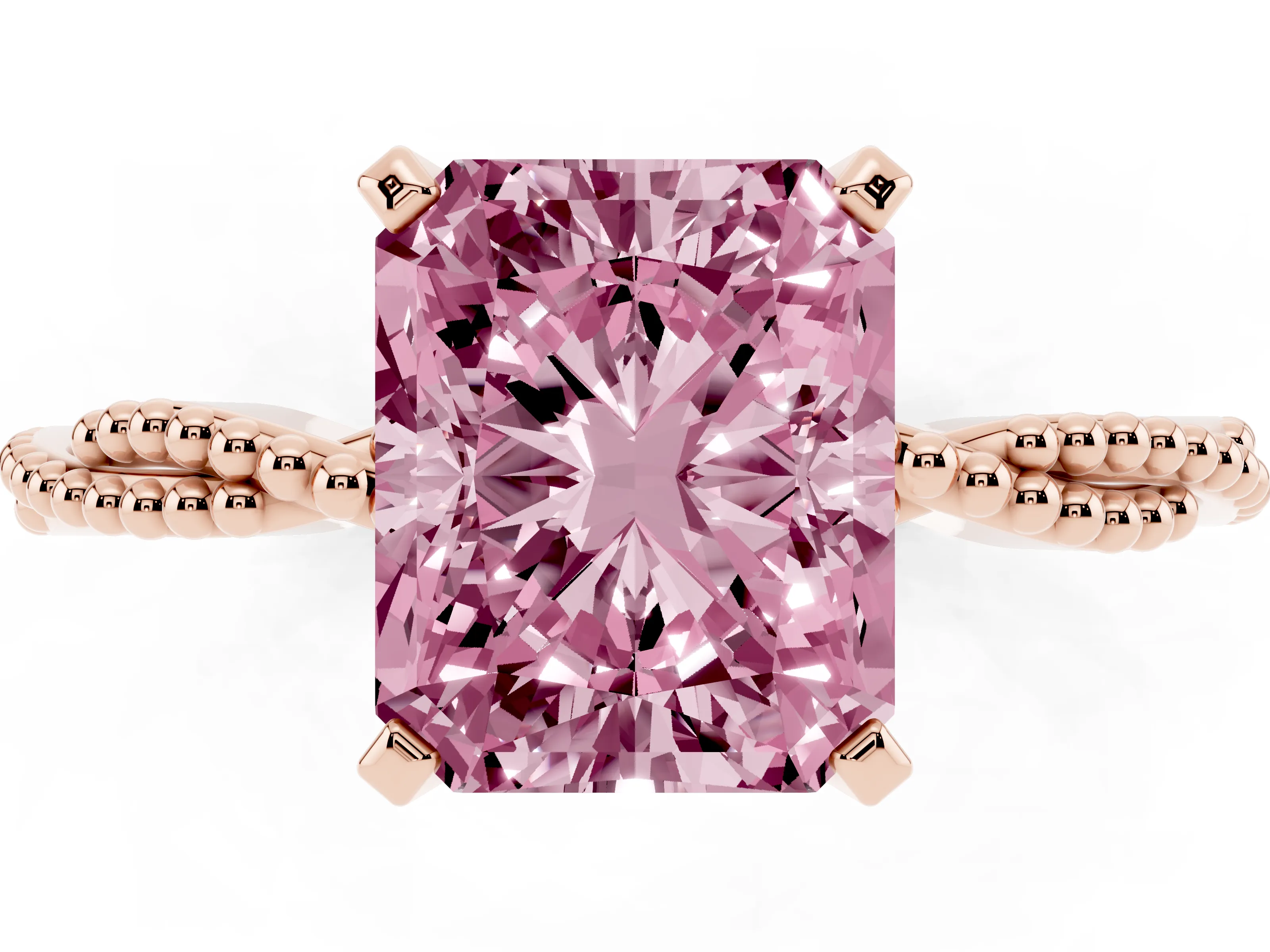 Fancy Pink Radiant Cut Diamond Solitaire Ring Set in Rose gold with Twisted Band and Bead Prong Setting