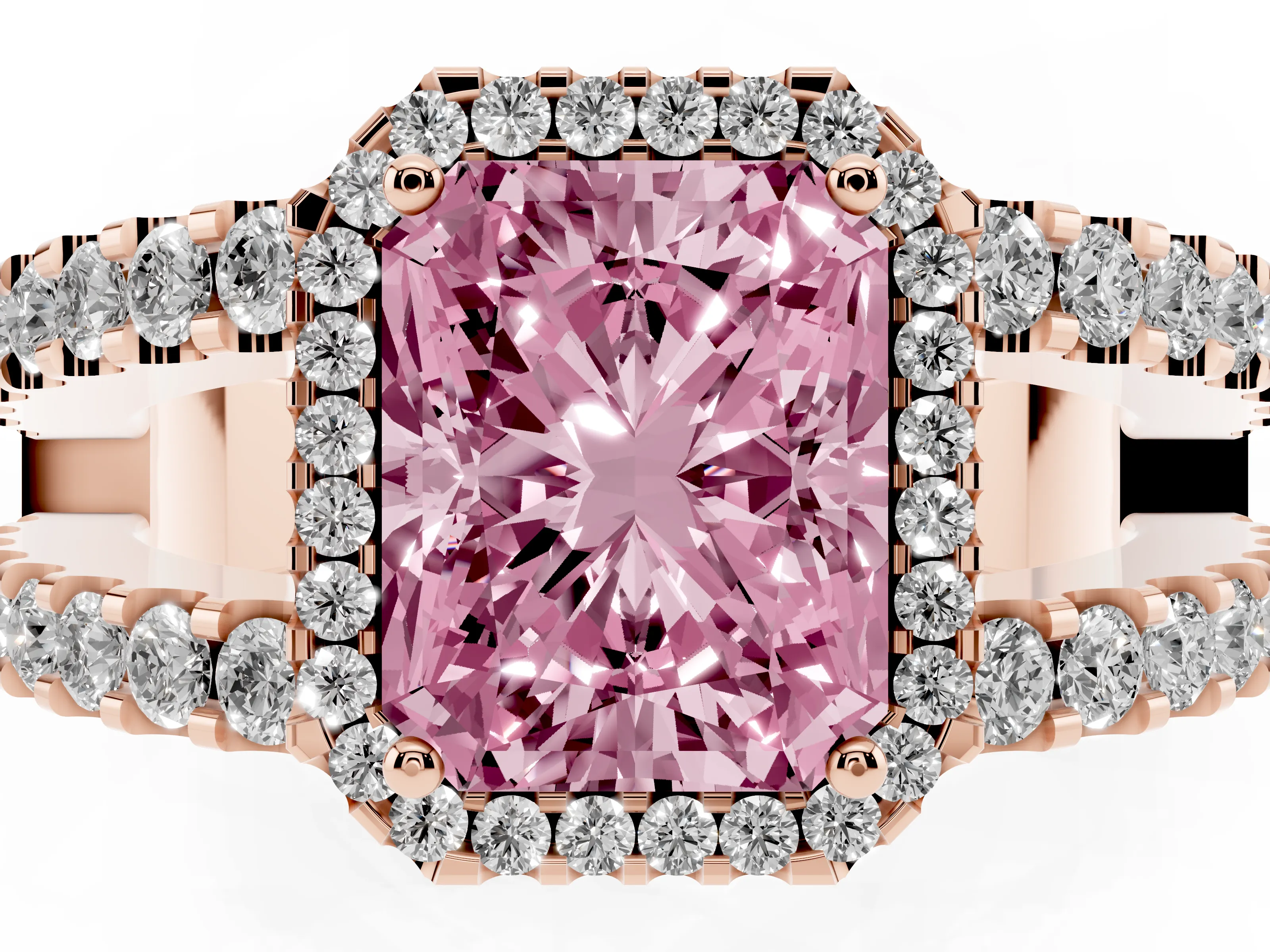 Fancy Pink Radiant Cut Diamond Halo Ring Set in Rose gold with Pavé Split Shank and Prong Setting