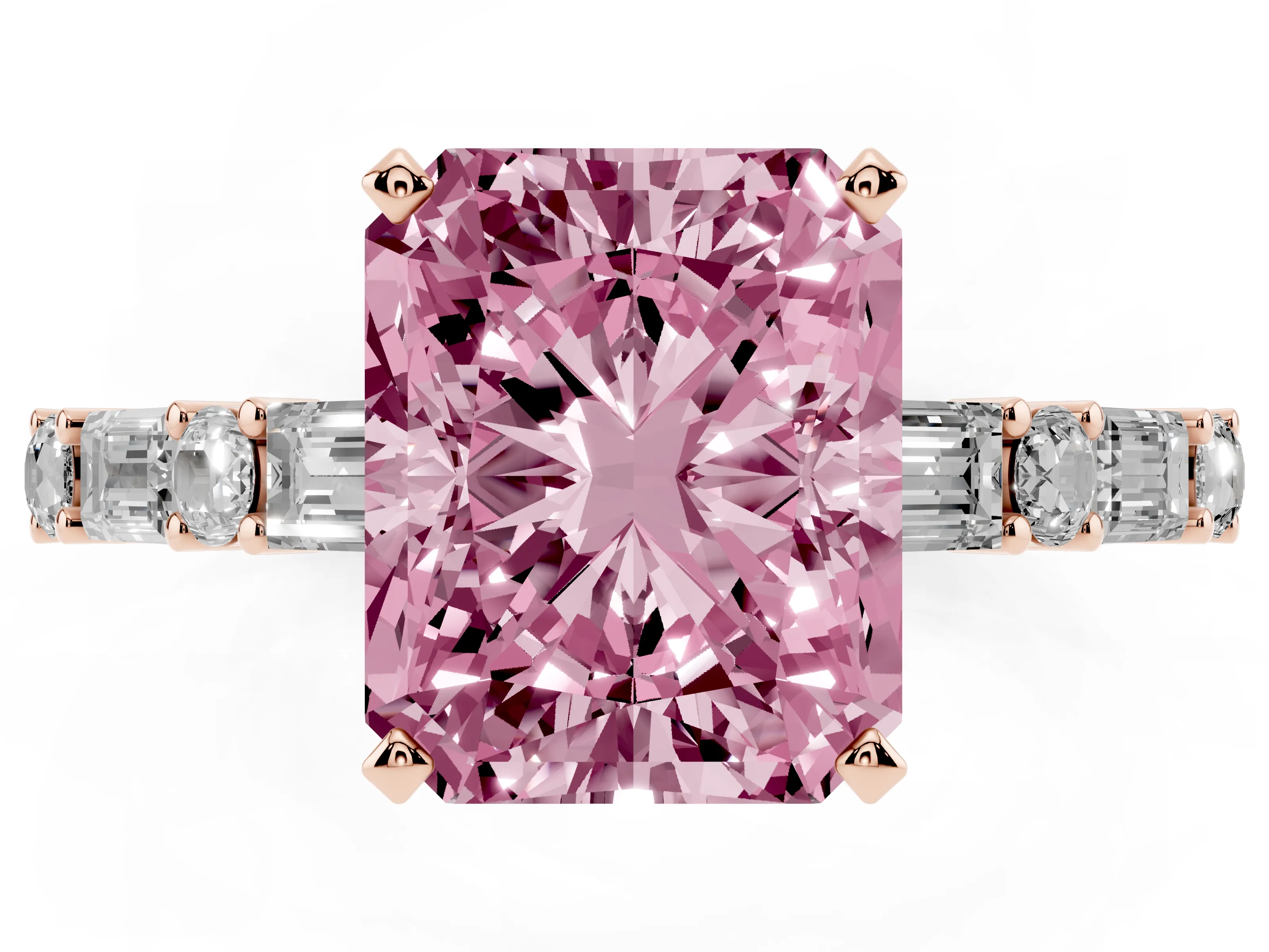 Fancy Pink Radiant Cut Diamond Solitaire Set in Rose gold with Side Baguettes and Channel Set Band