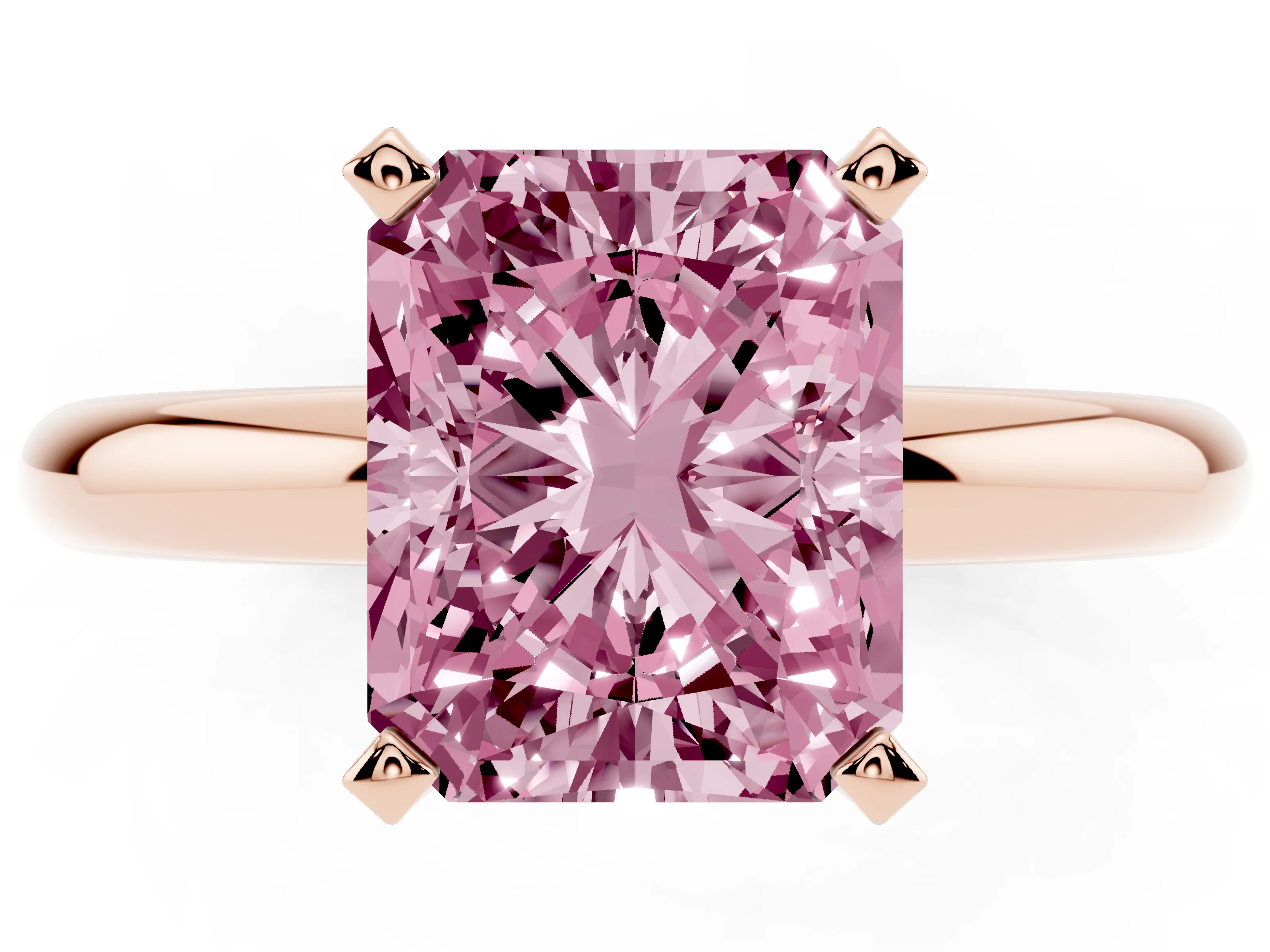 Fancy Pink Radiant Cut Diamond Solitaire Engagement Ring Set in Rose gold with Round Band and Prong Setting