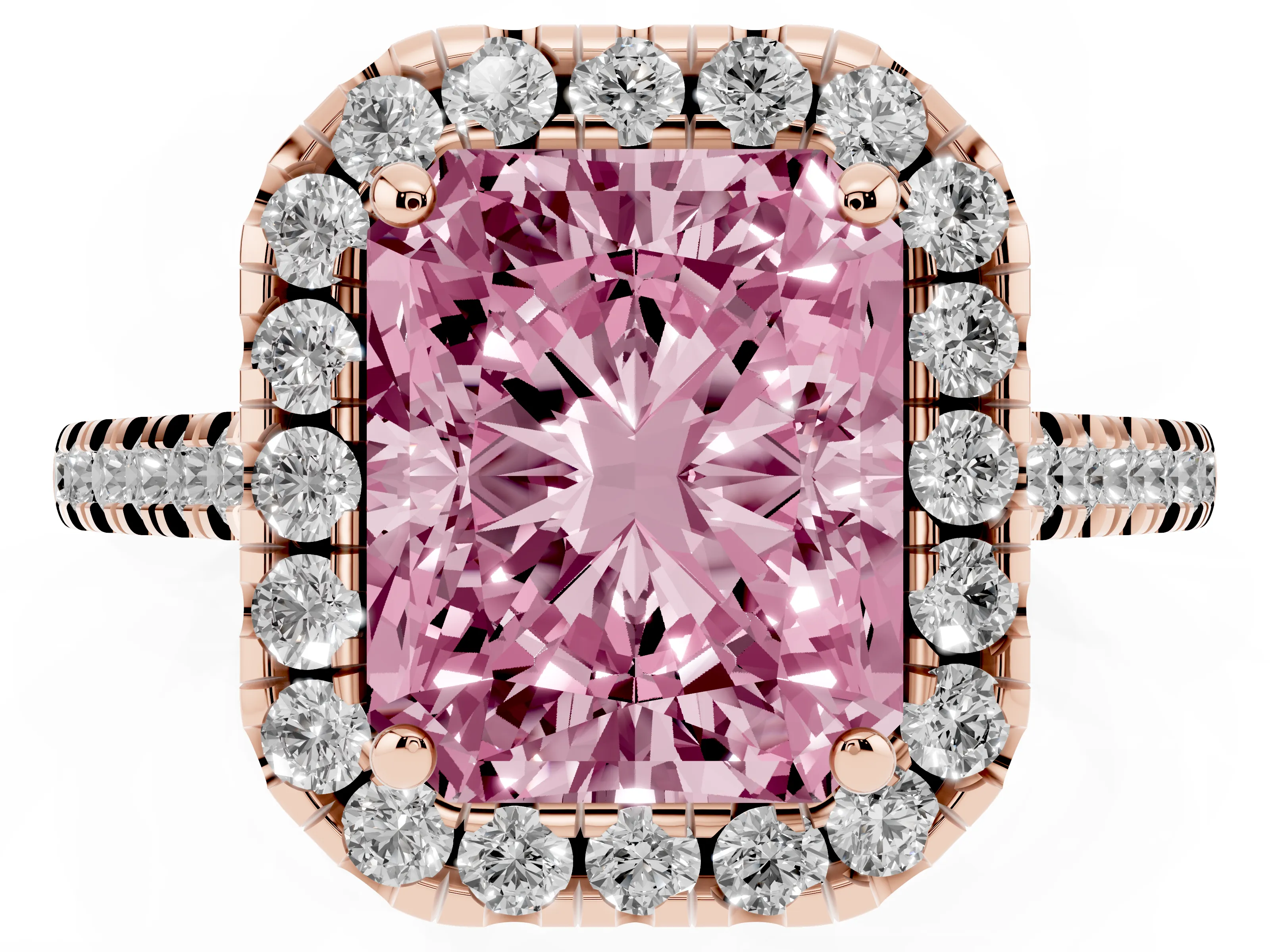 Fancy Pink Radiant Cut Diamond Cushion Halo Ring Set in Rose gold with Pavé Band