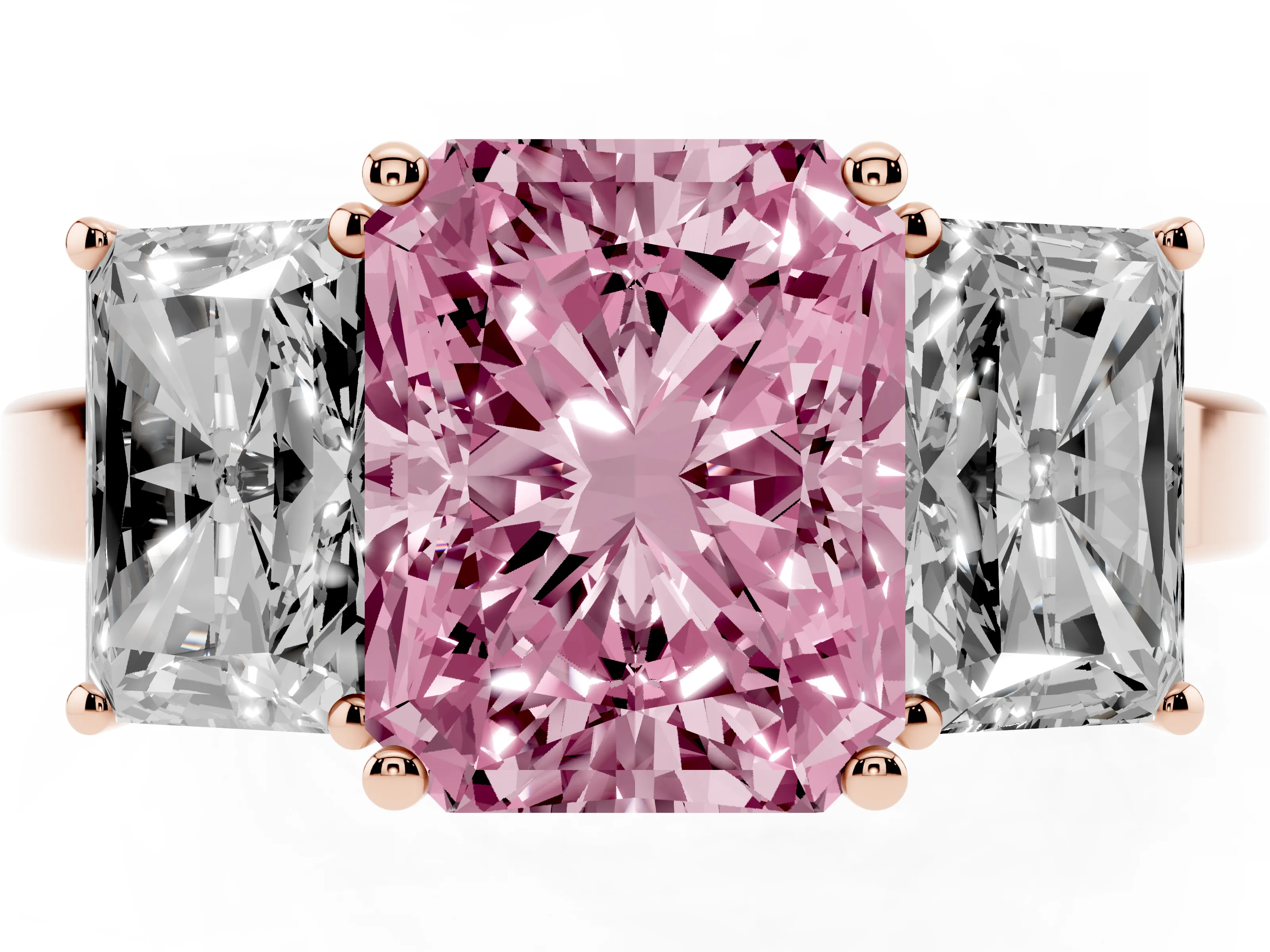 Fancy Pink Radiant Cut Diamond Three-Stone Engagement Ring Set in Rose gold with Flat Band