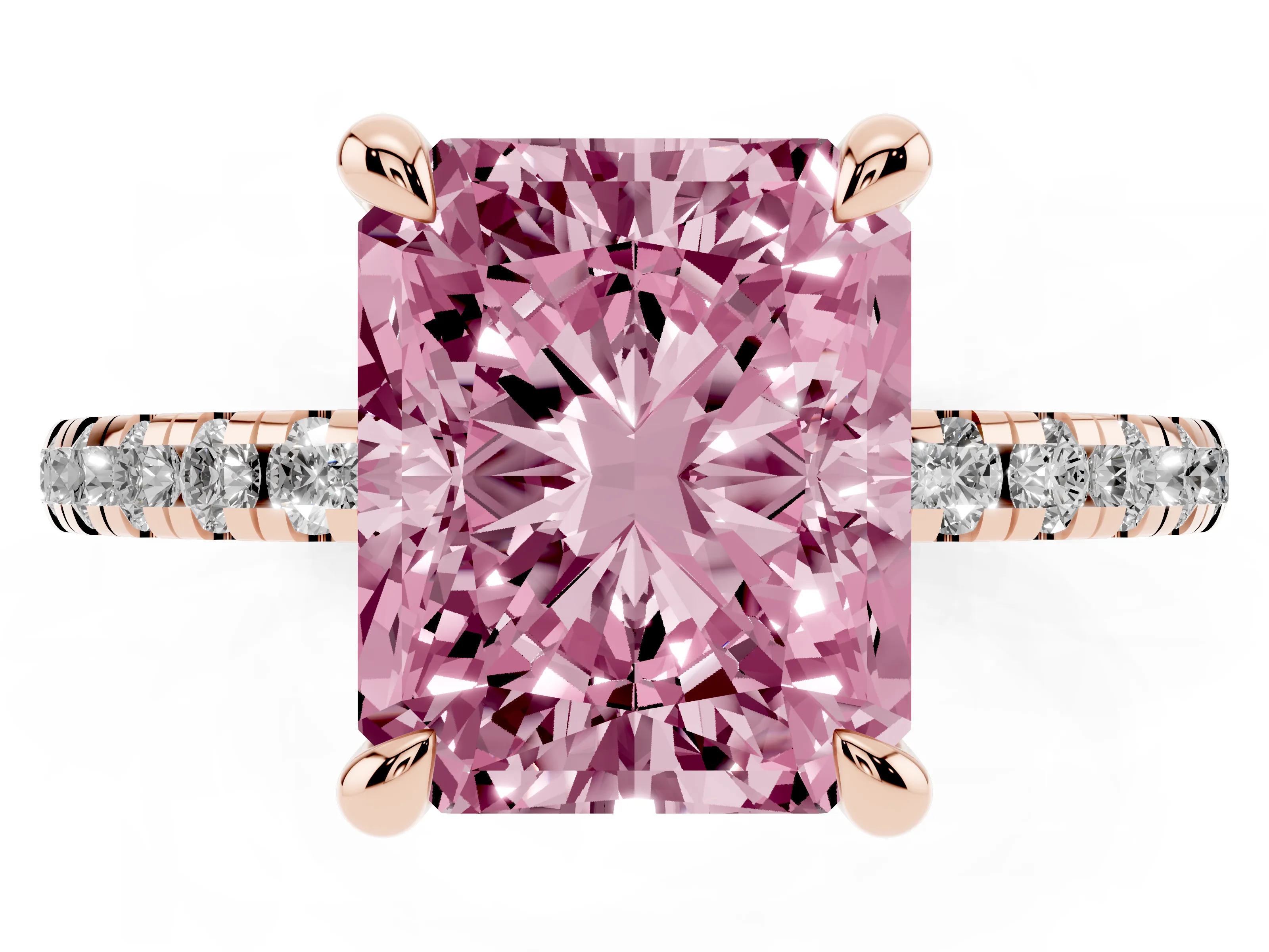 Fancy Pink Radiant Cut Diamond Brilliant Solitaire Ring Set in Rose gold with Pavé Band and Prong Setting