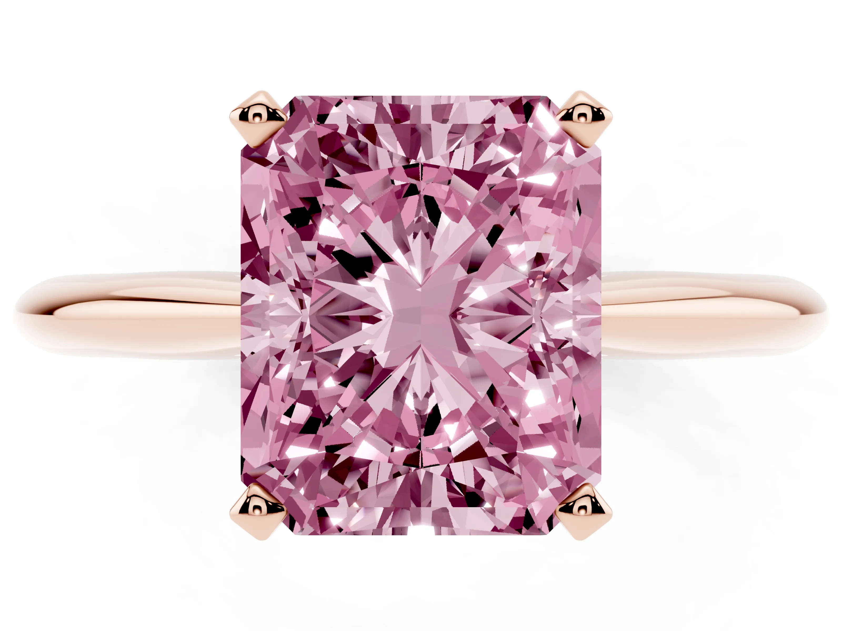 Fancy Pink Radiant Cut Diamond Solitaire Ring Set in Rose gold with Prong Setting on a Plain Round Band