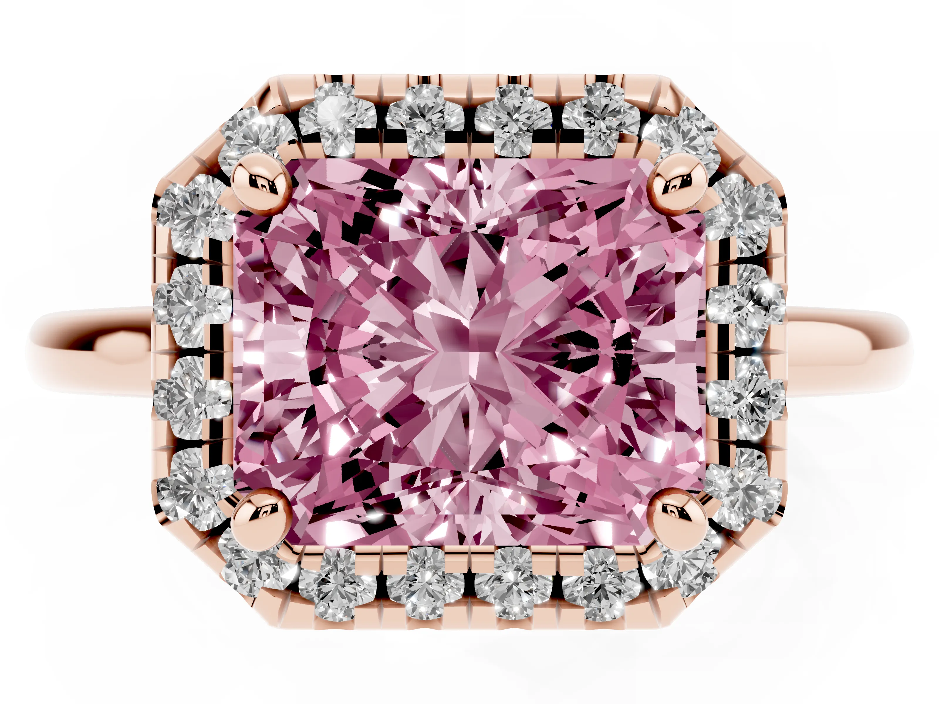Fancy Pink Radiant Cut Diamond Halo Engagement Ring Set in Rose gold with Pavé Band and Rising Shoulders