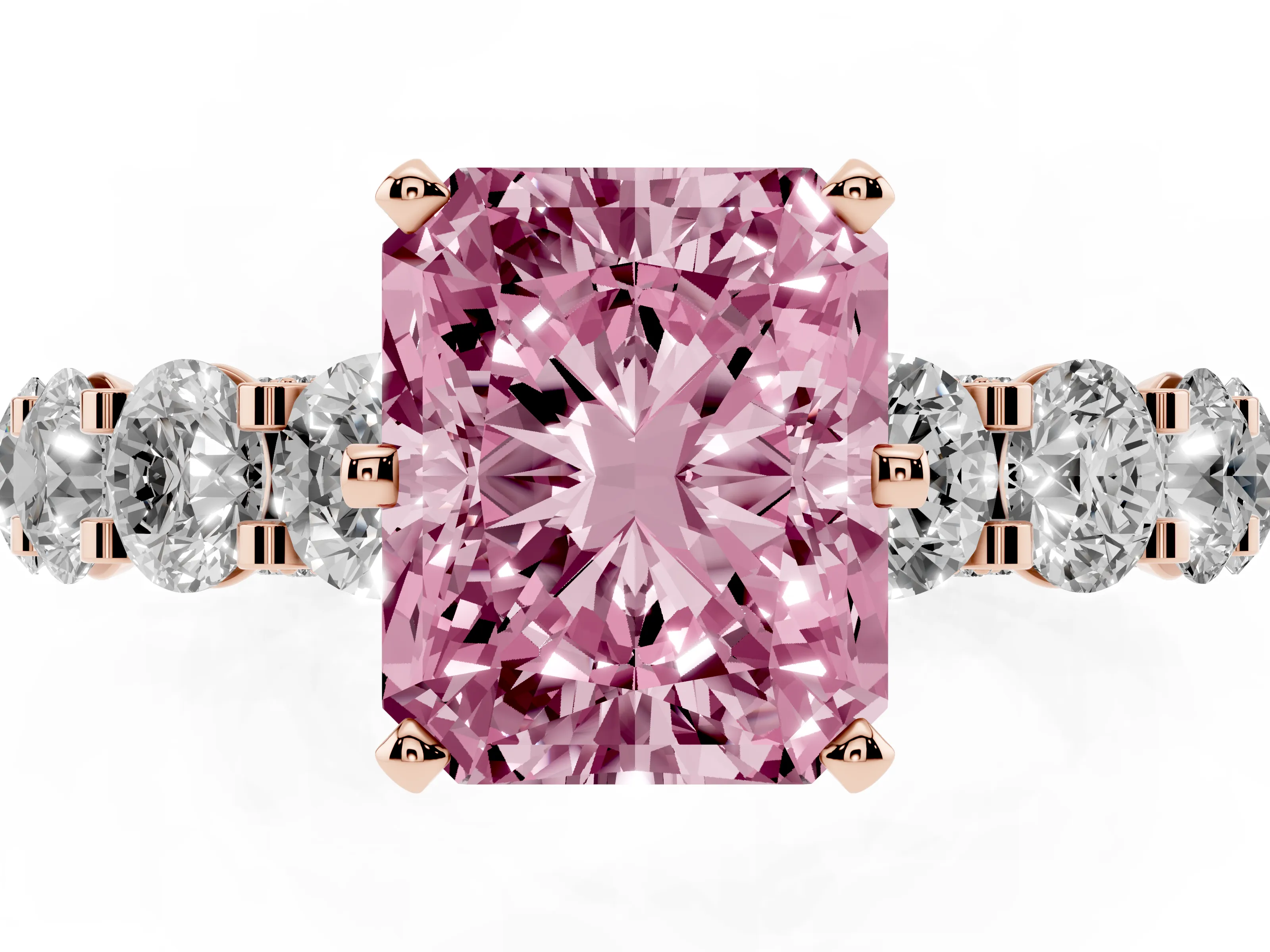 Fancy Pink Radiant Cut Diamond Side Stone Ring Set in Rose gold with Alternating Round and Oval Side Stones