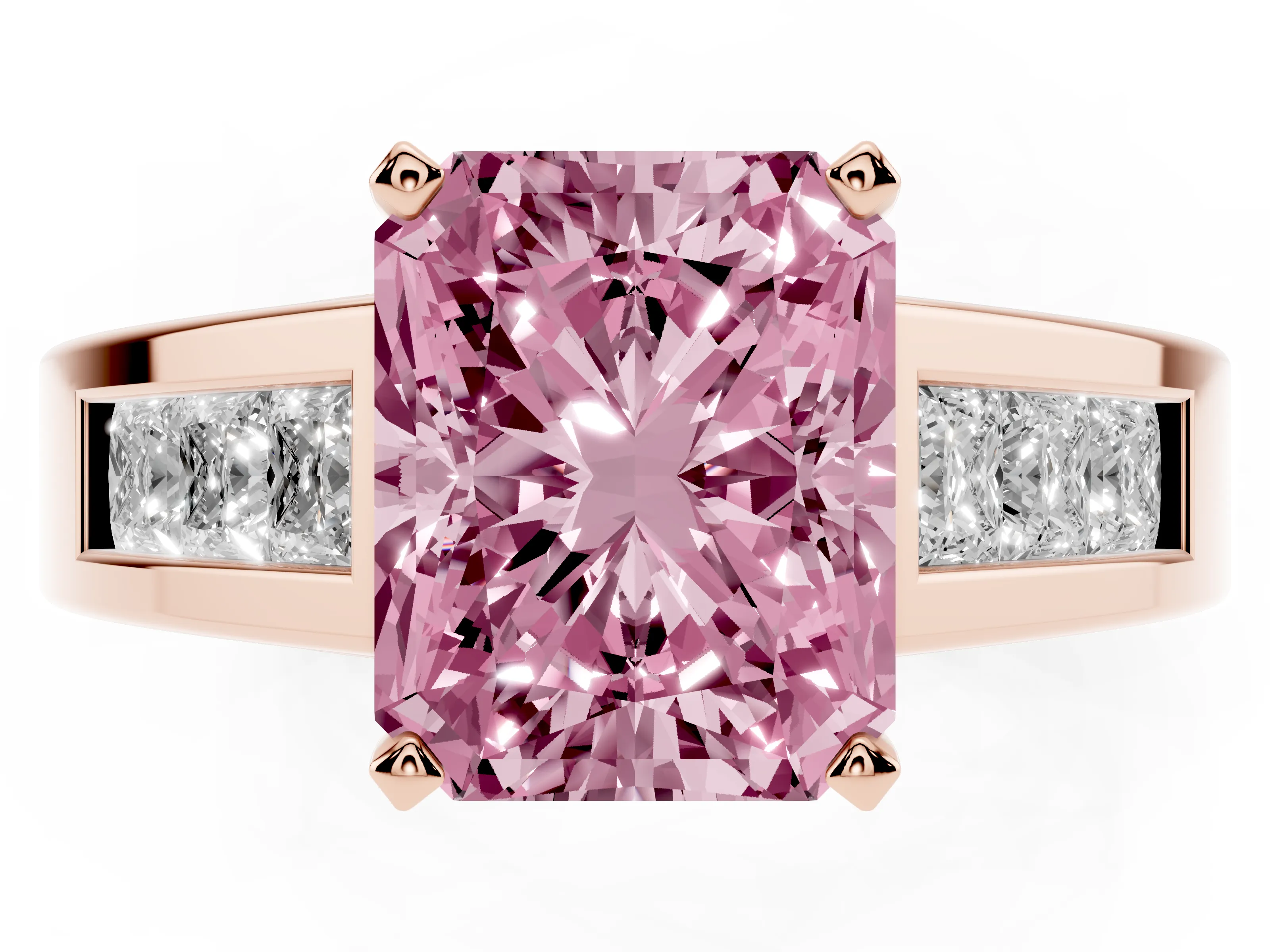 Fancy Pink Radiant Cut Diamond Solitaire Ring Set in Rose gold with Channel-Set Accent Stones and Prong Setting