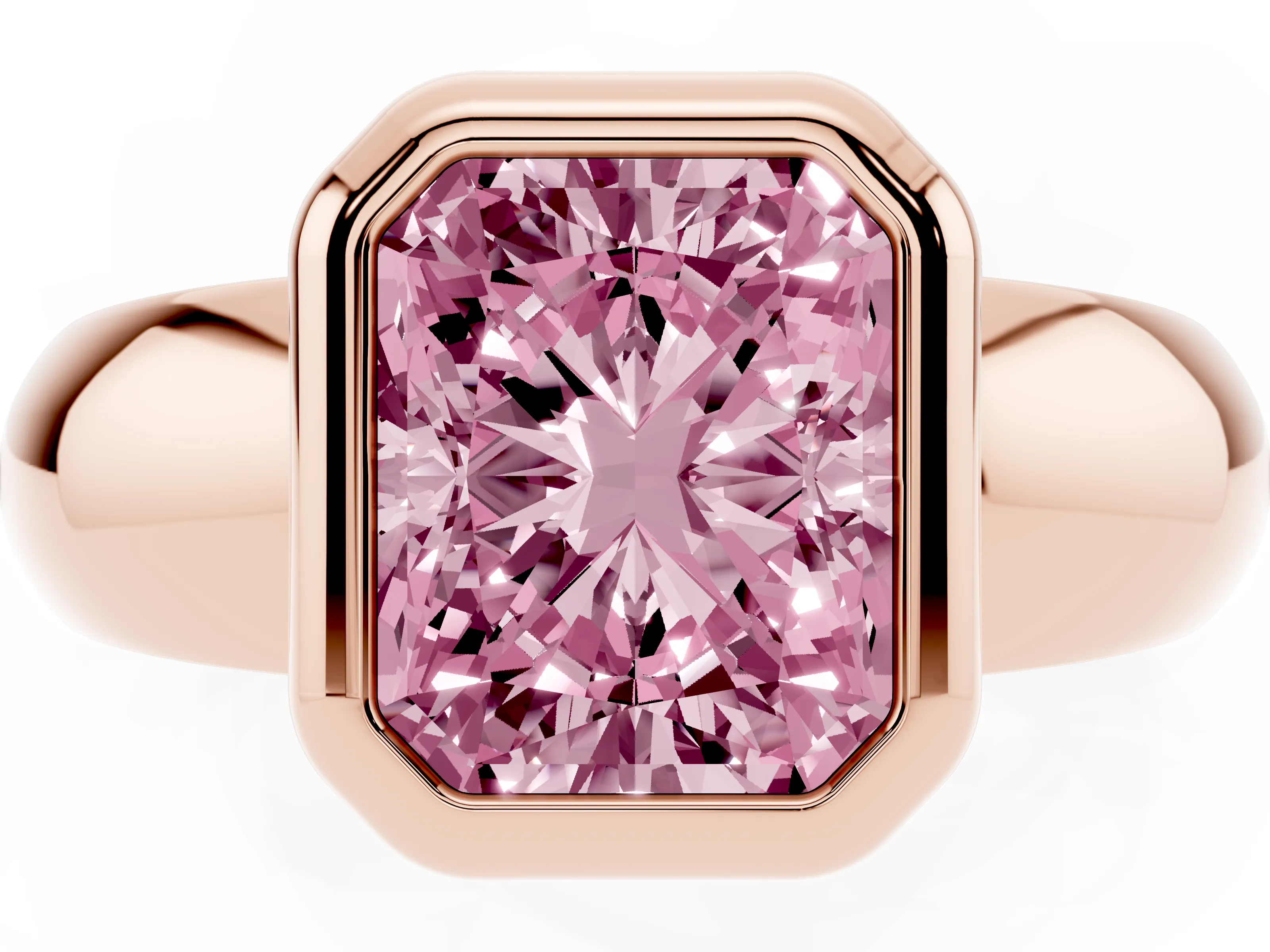 Fancy Pink Bezel Set Radiant Cut Diamond Solitaire Ring Set in Rose gold with Wide Band