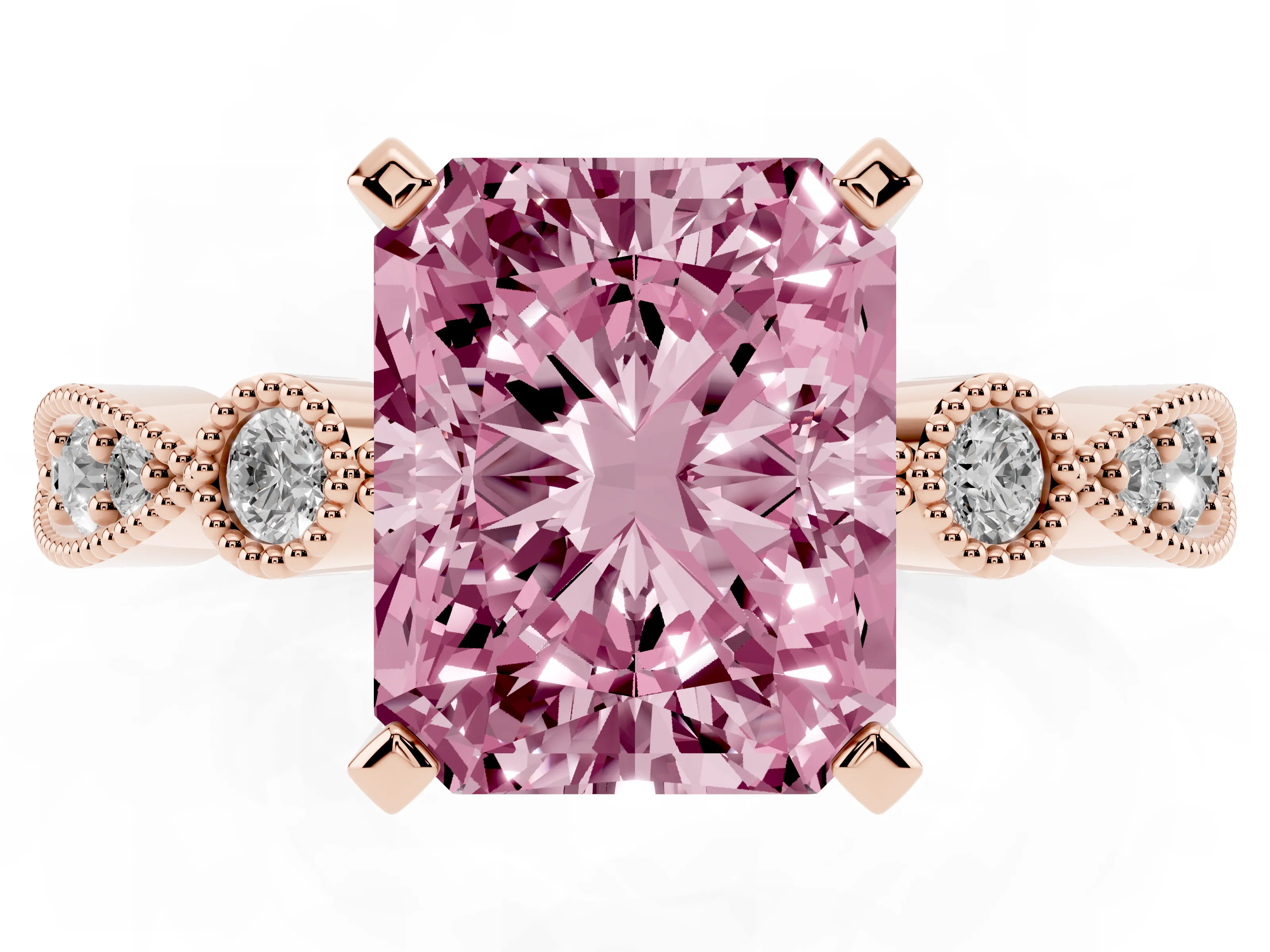 Fancy Pink Radiant Cut Diamond Solitaire Engagement Ring Set in Rose gold with Milgrain Bezel Accent Band