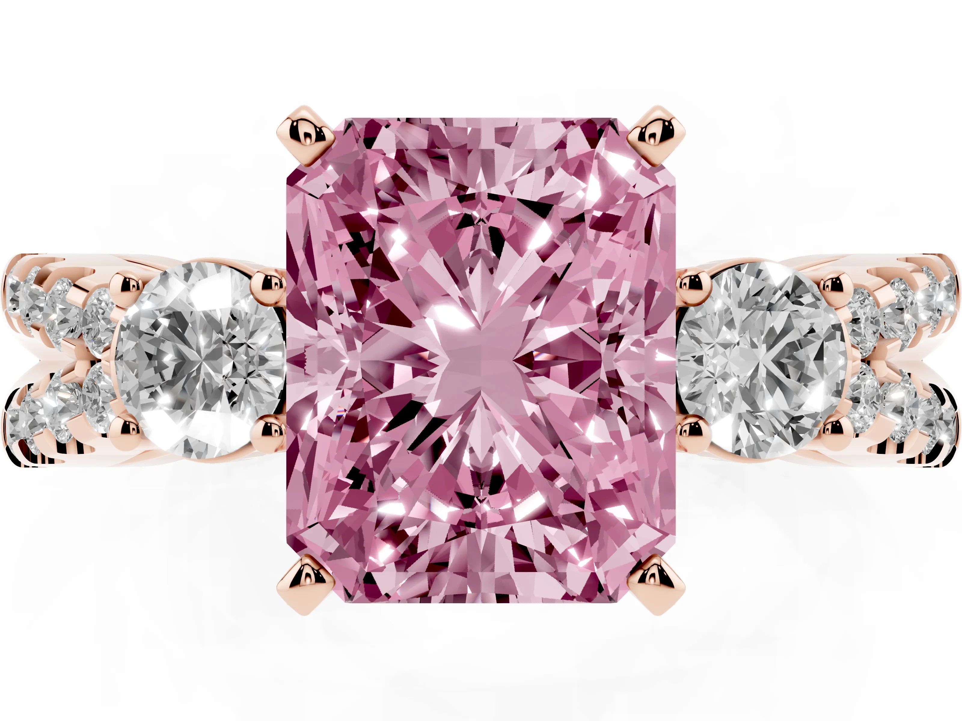 Fancy Pink Radiant Cut Diamond Three-Stone Ring Set in Rose gold with Pavé Split Shank and Prong Setting