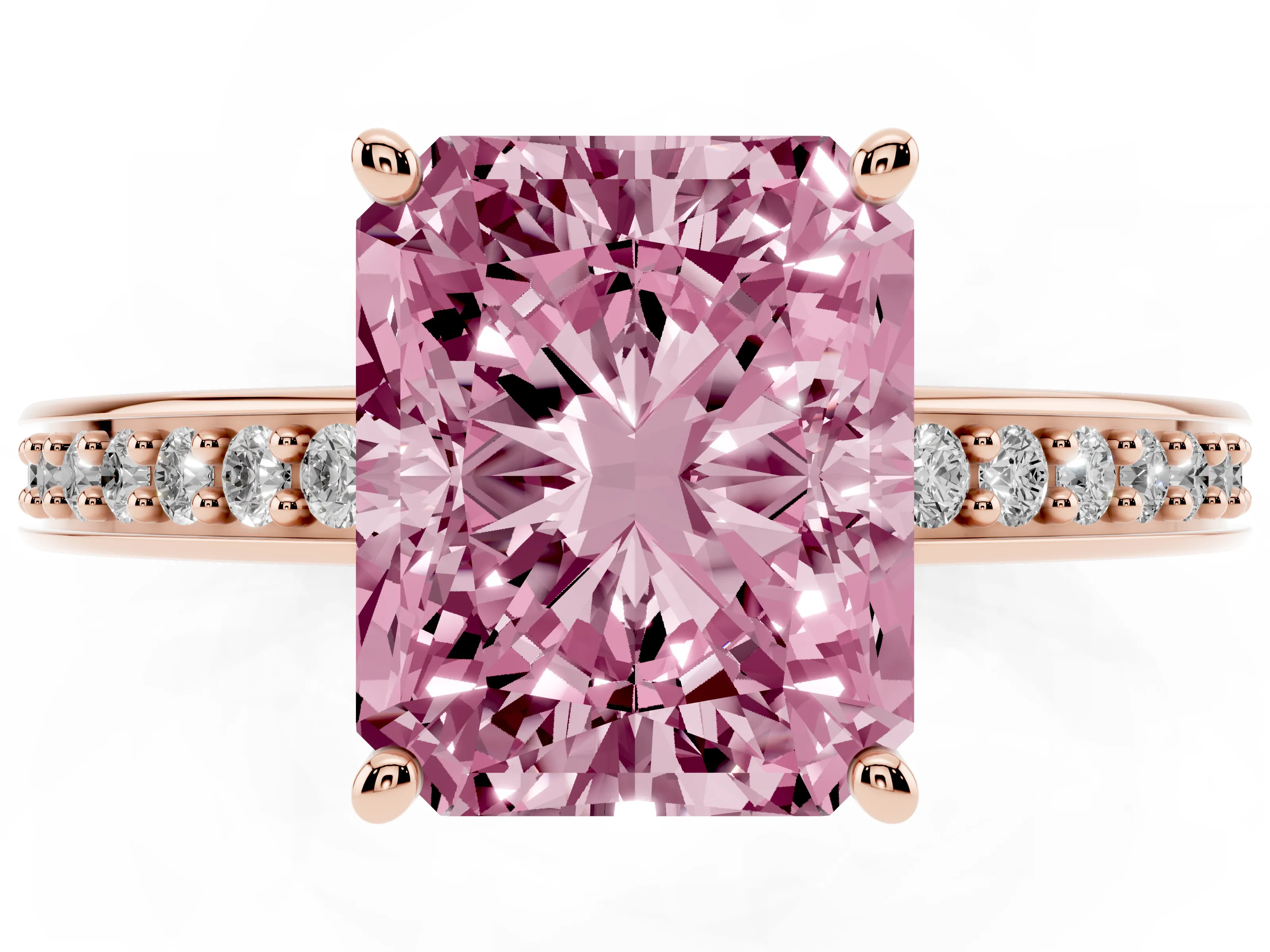 Fancy Pink Radiant Cut Diamond Pavé Band Prong Set Solitaire Ring Set in Rose gold