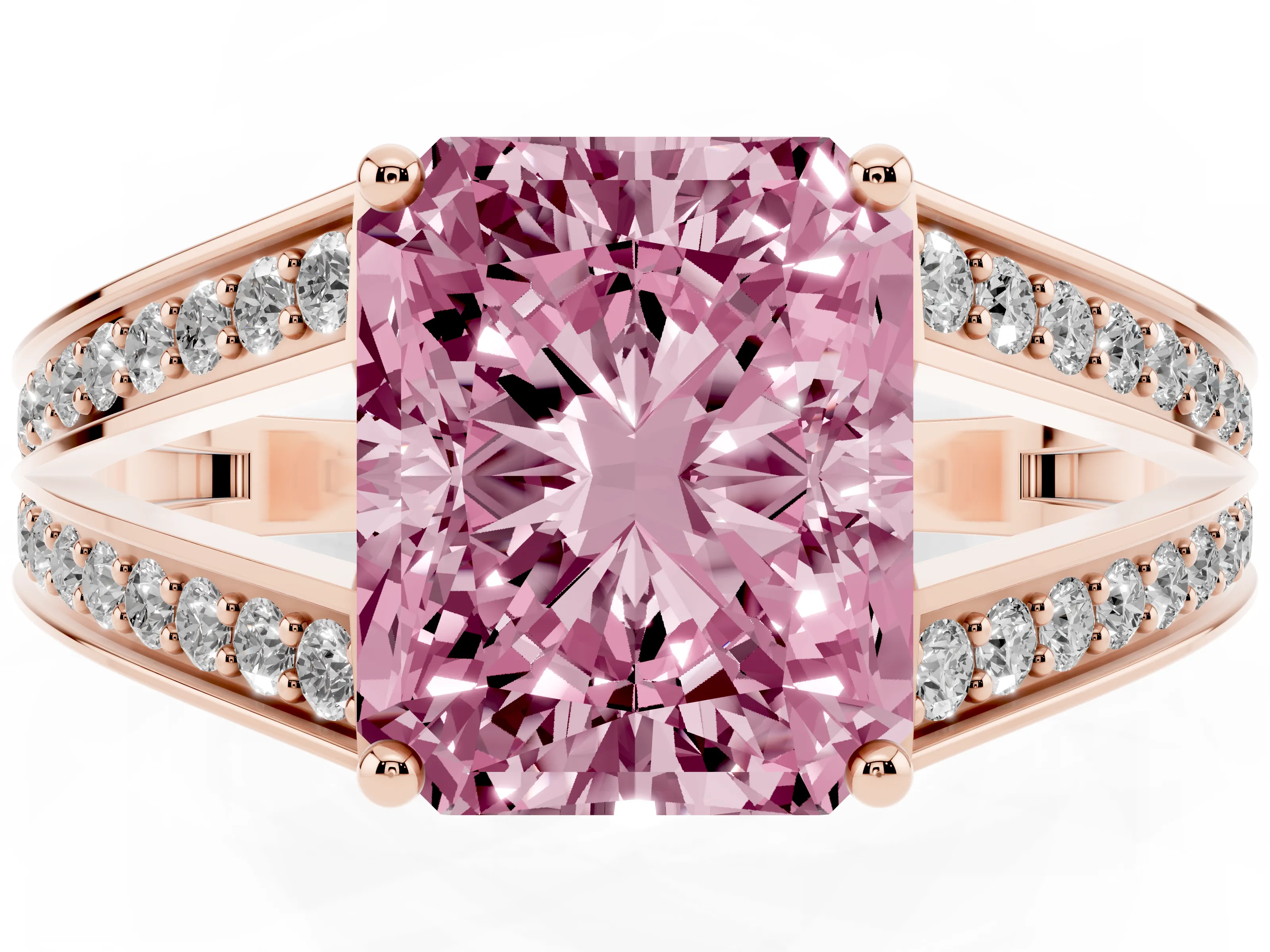 Fancy Pink Radiant Cut Diamond Split Shank Ring Set in Rose gold with Pavé Band and Prong Setting