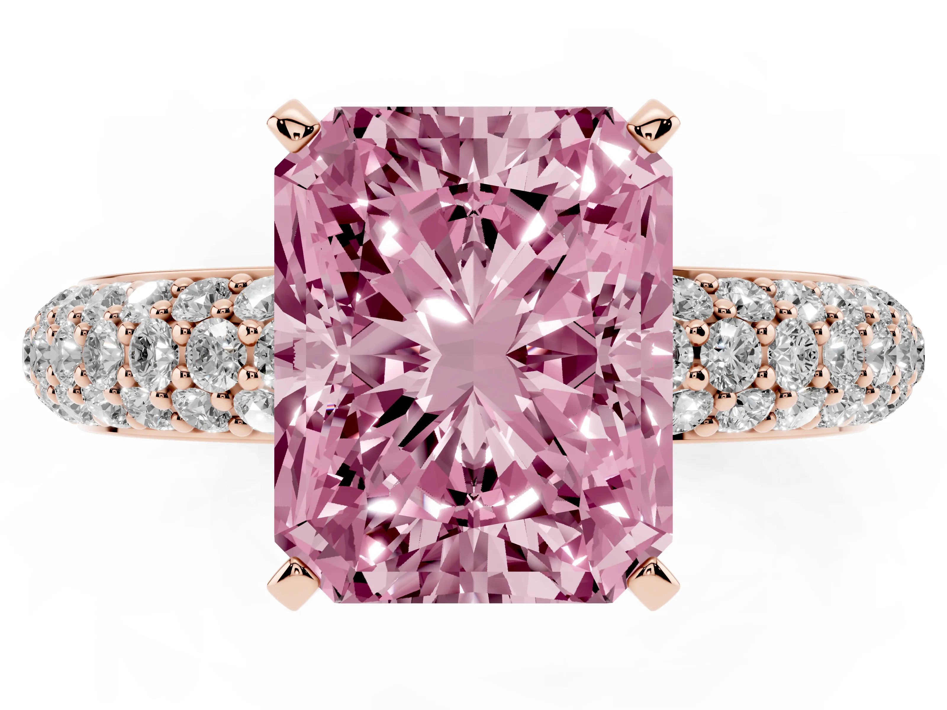 Fancy Pink Radiant Cut Diamond Solitaire Ring Set in Rose gold with Prong Setting and Pavé-Set Band