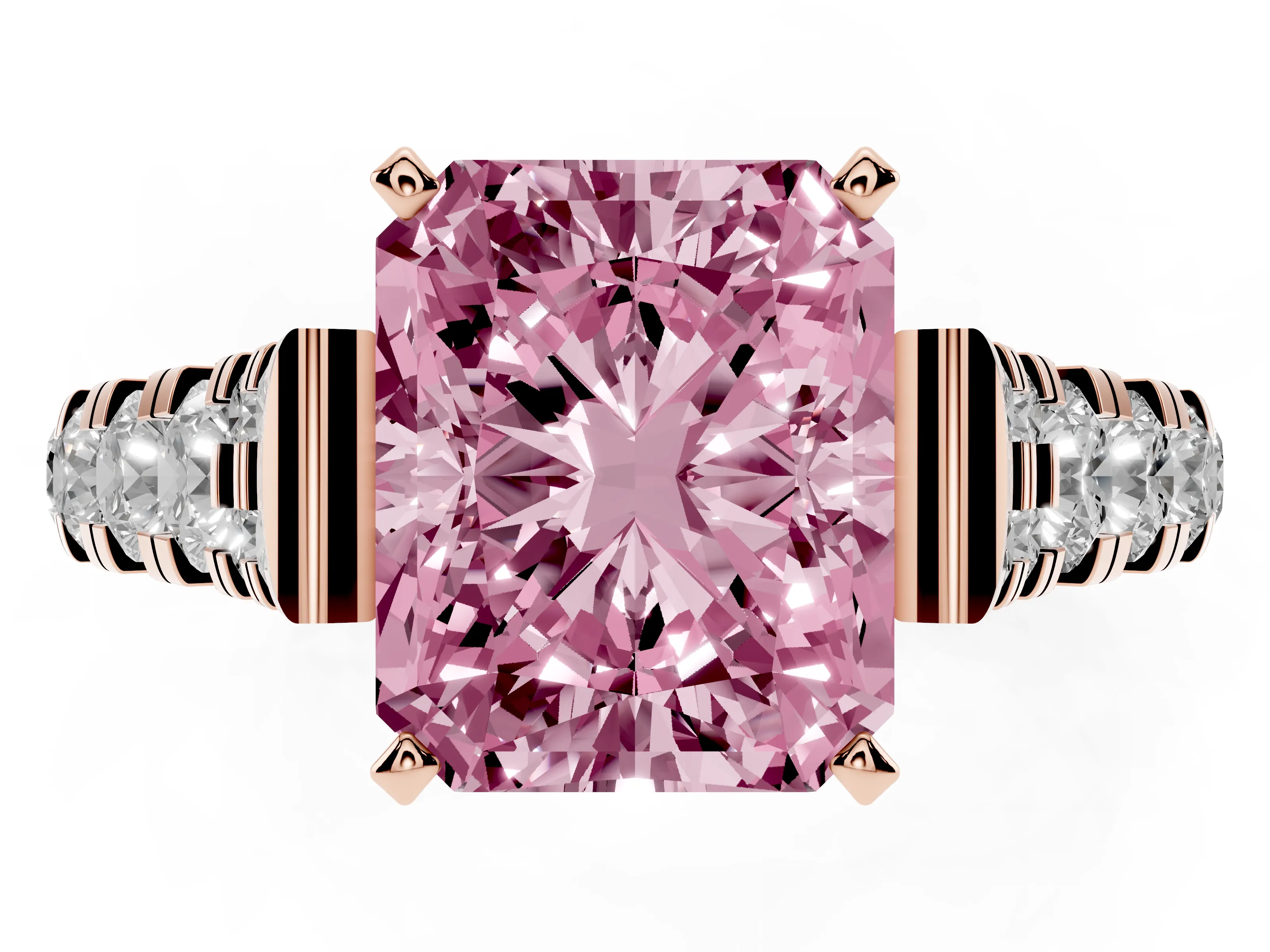 Fancy Pink Radiant Cut Diamond Classic Solitaire Ring Set in Rose gold with Pavé Band and Prong Setting