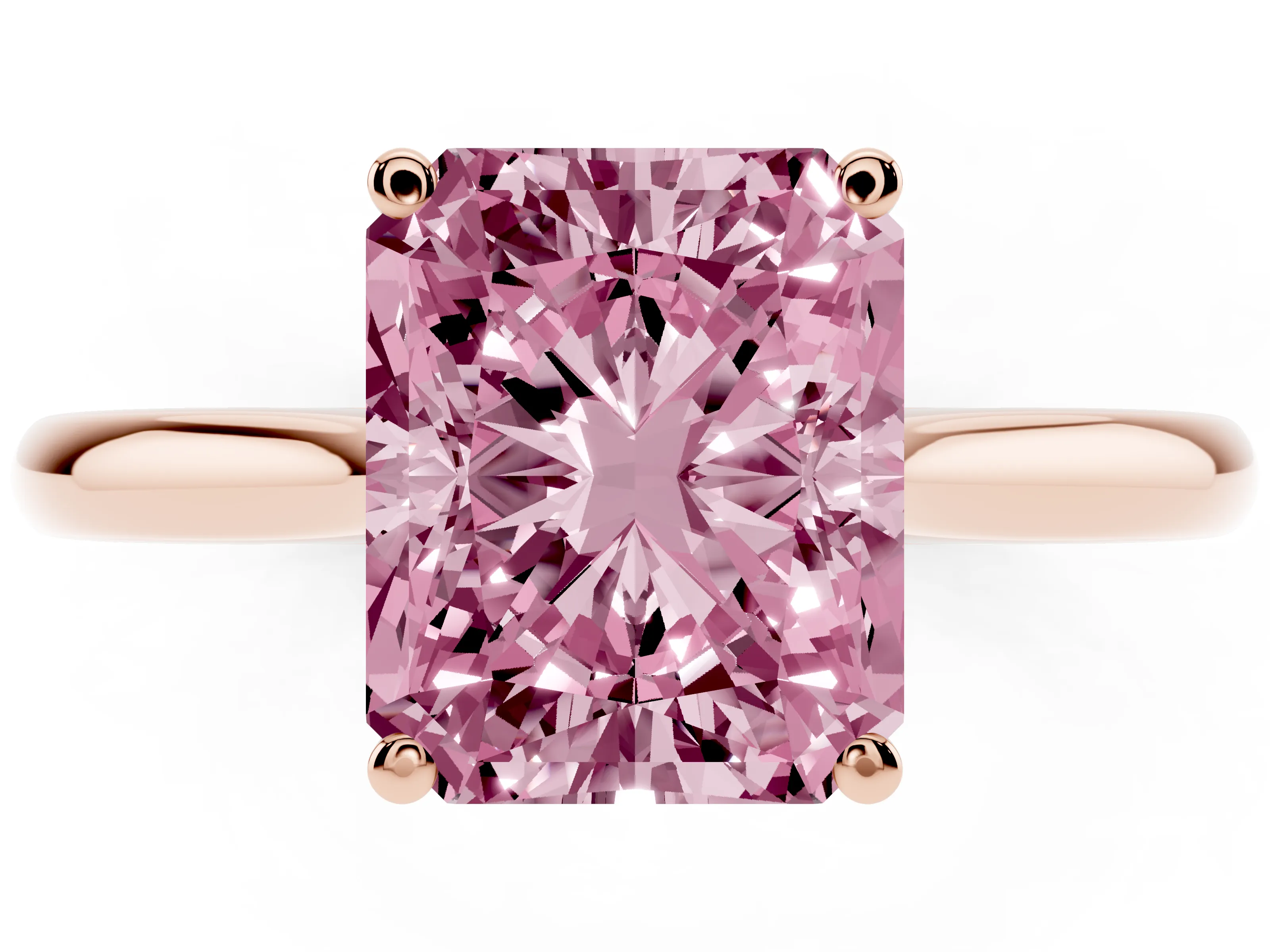 Fancy Pink Radiant Cut Diamond Solitaire Ring Set in Rose gold with Cathedral Band and Prong Setting