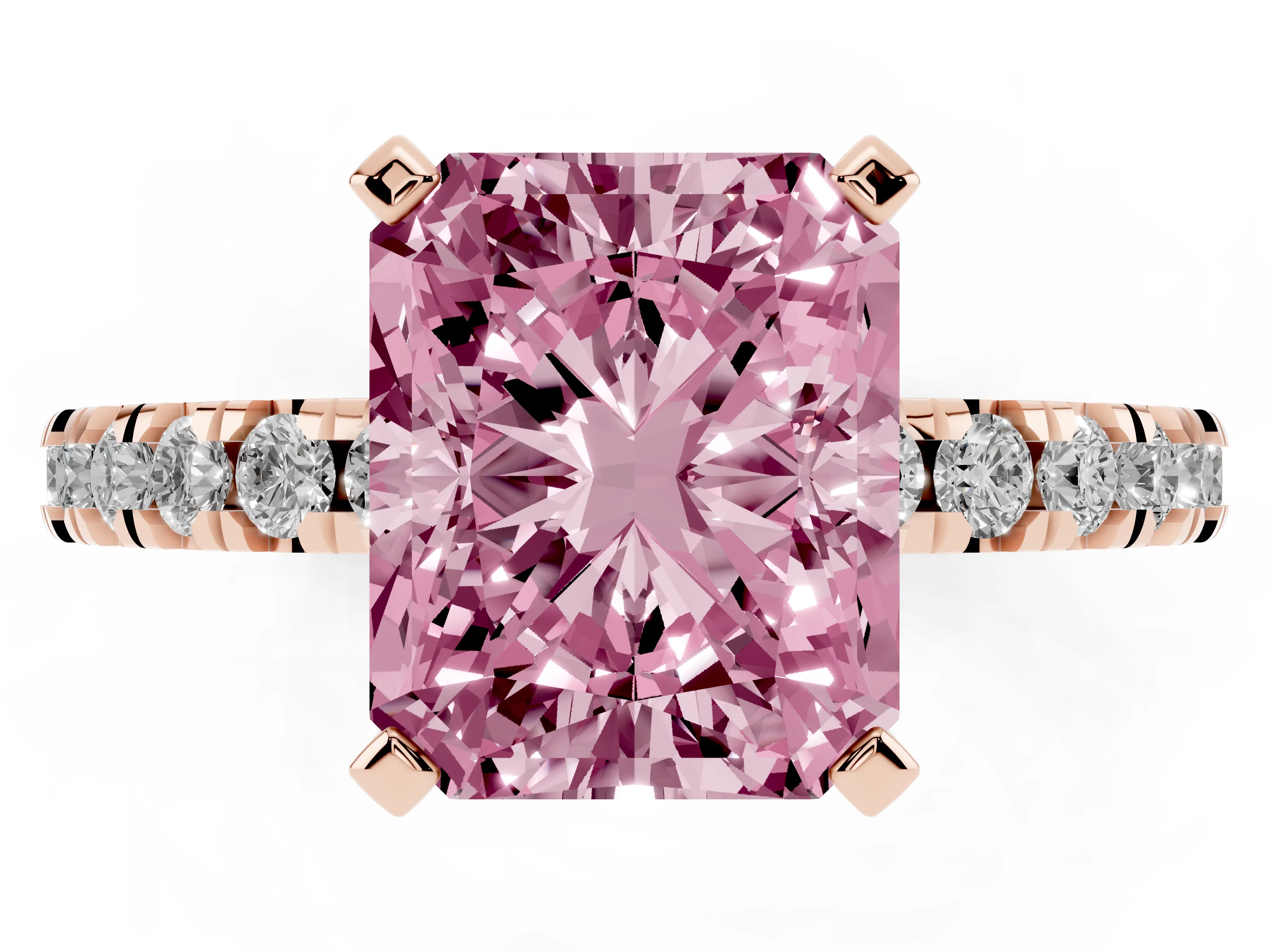 Fancy Pink Radiant Cut Diamond Pavé Band Solitaire Set in Rose gold with Prong Setting