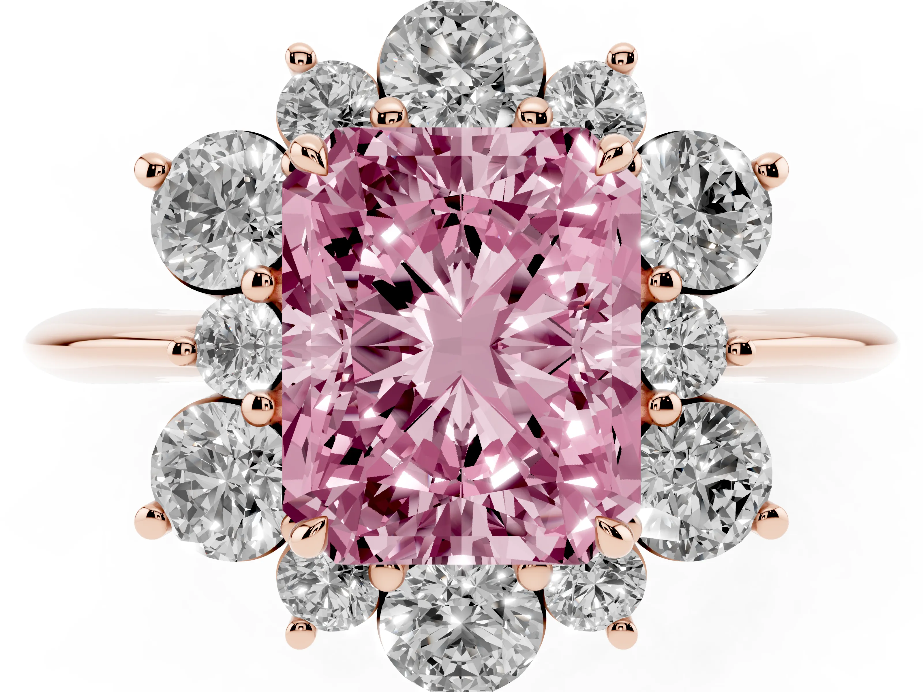 Fancy Pink Radiant Cut Diamond Cluster Halo Ring Set in Rose gold with Solitaire Band and Prong Setting