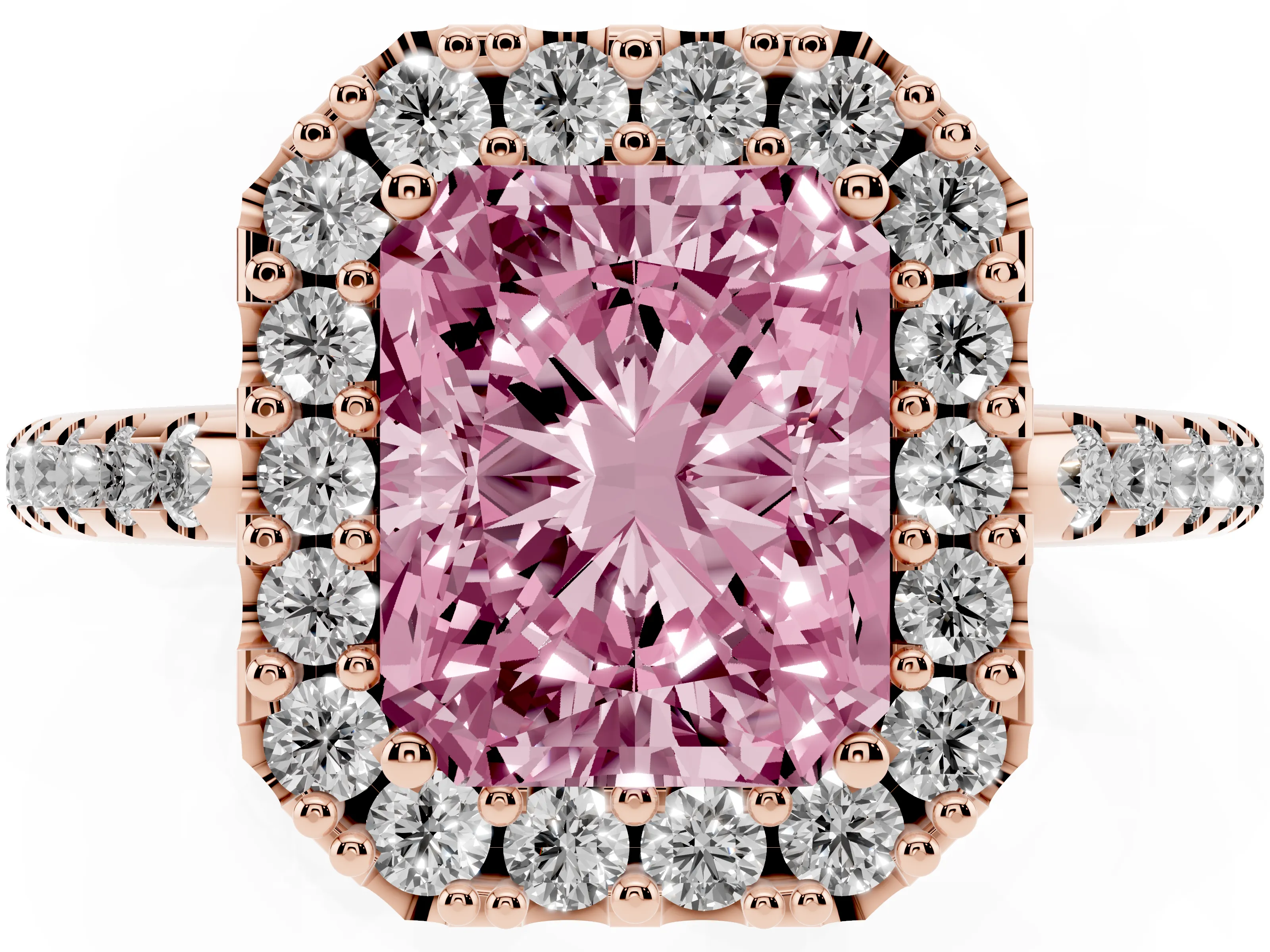 Fancy Pink Radiant Cut Diamond Pavé Halo Ring Set in Rose gold with Prong Setting