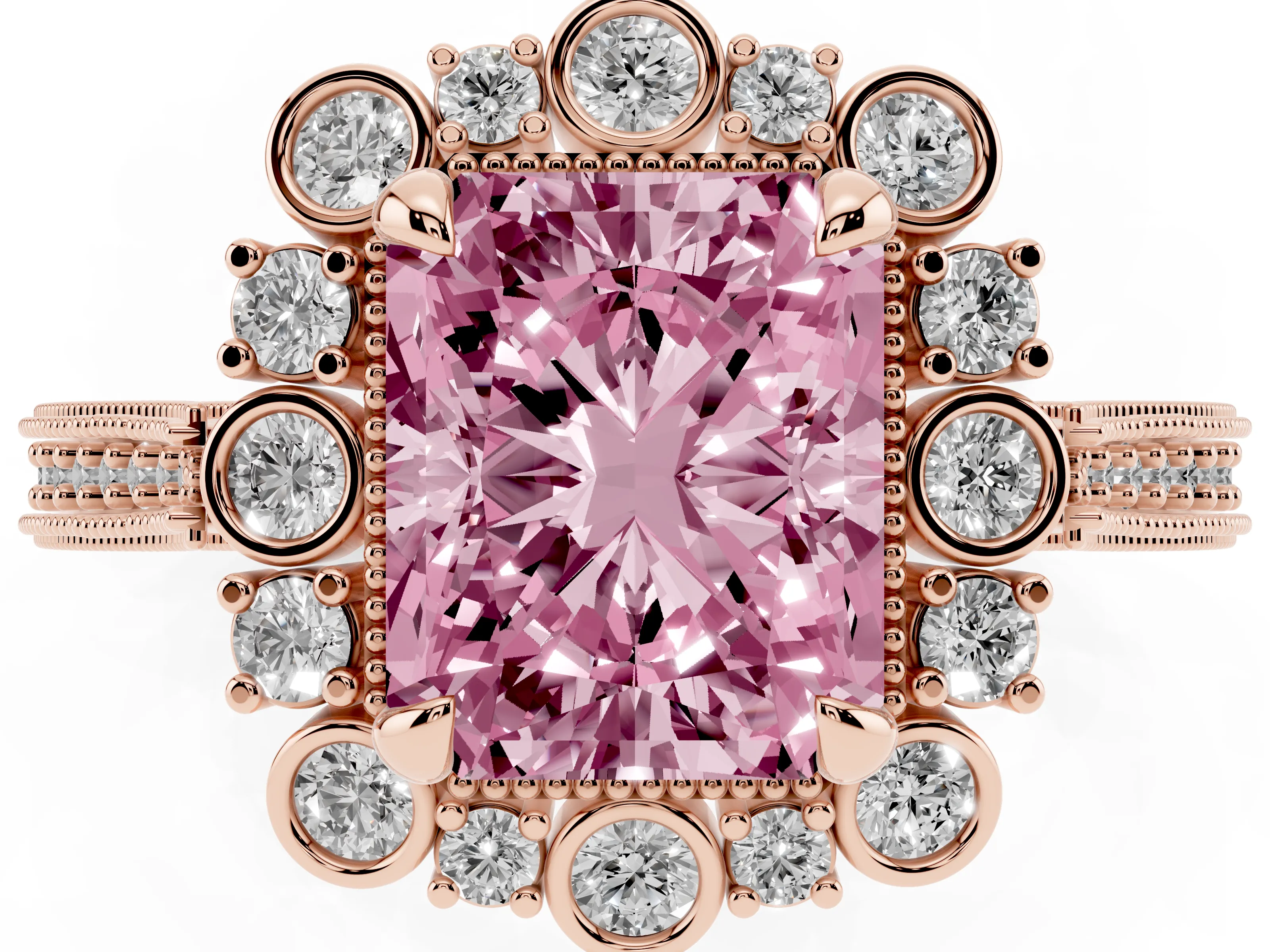 Fancy Pink Radiant Cut Diamond Halo Milgrain Pavé Ring Set in Rose gold with Prong Setting
