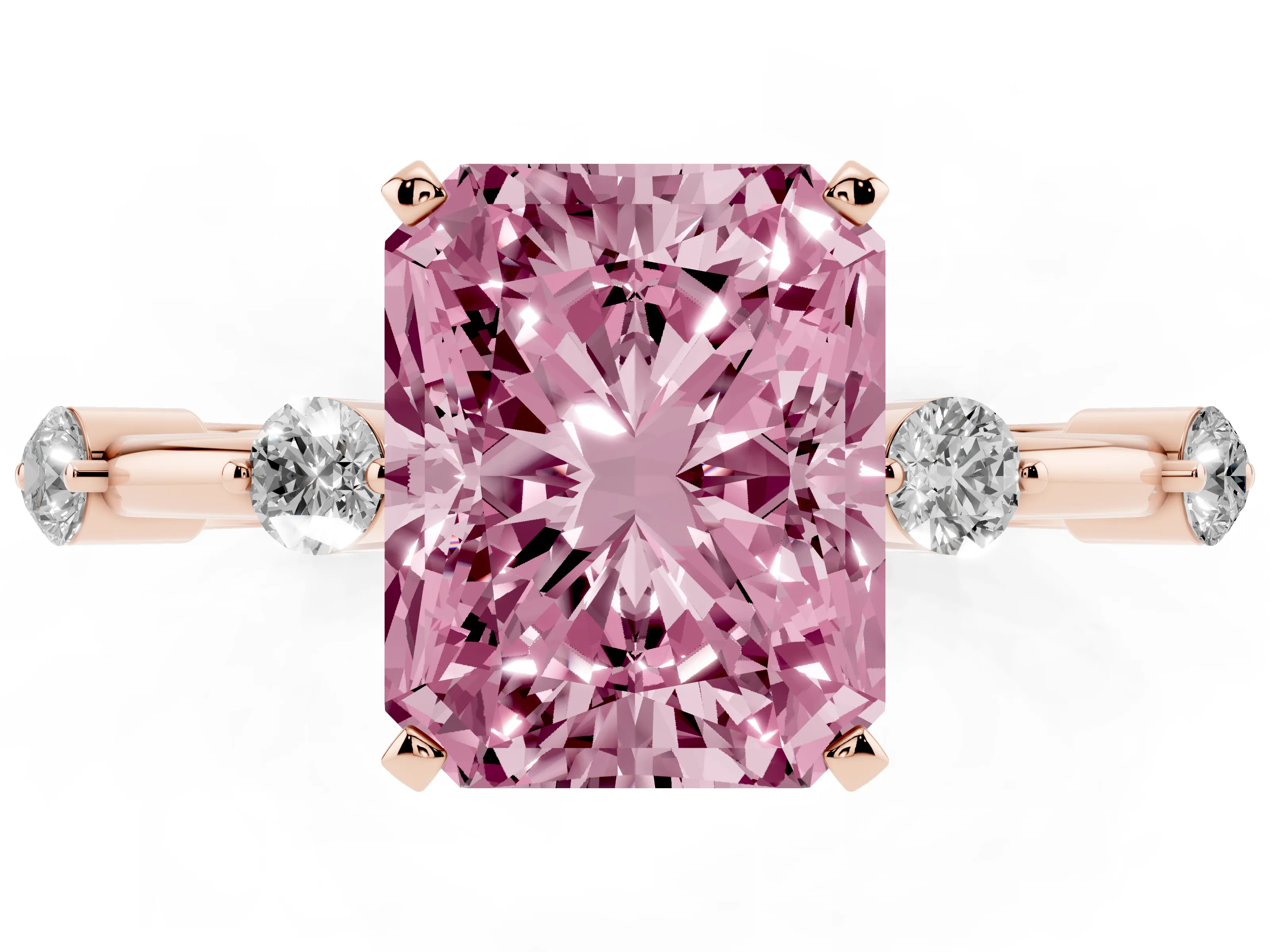 Fancy Pink Radiant Cut Diamond Solitaire Ring Set in Rose gold with Bezel Set Side Stones and Prong Setting