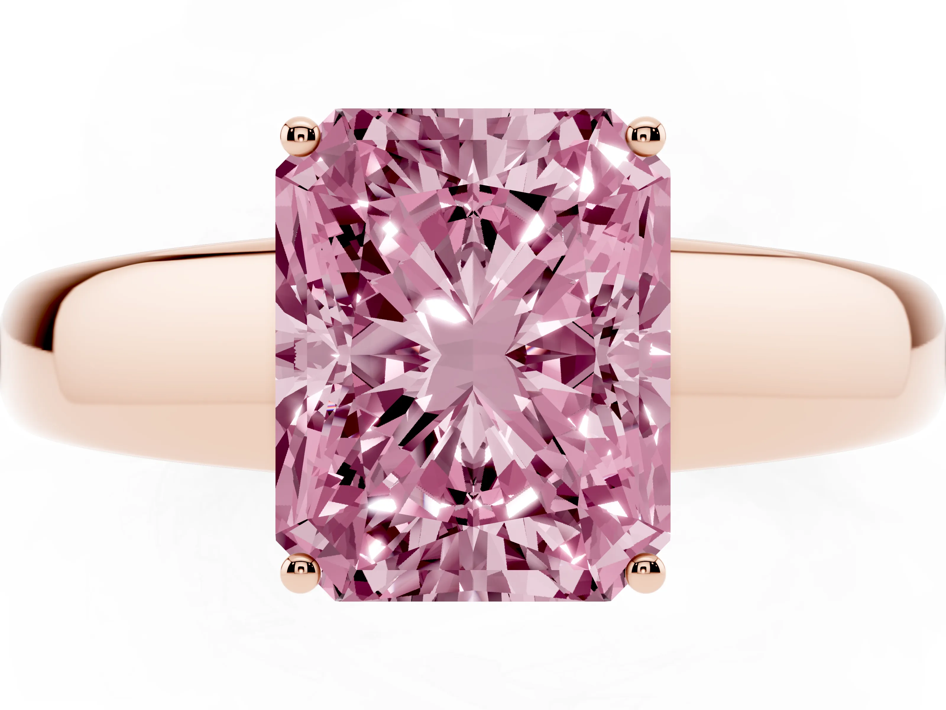 Fancy Pink Radiant Cut Diamond Solitaire Ring Set in Rose gold with Tapered Band and Prong Setting