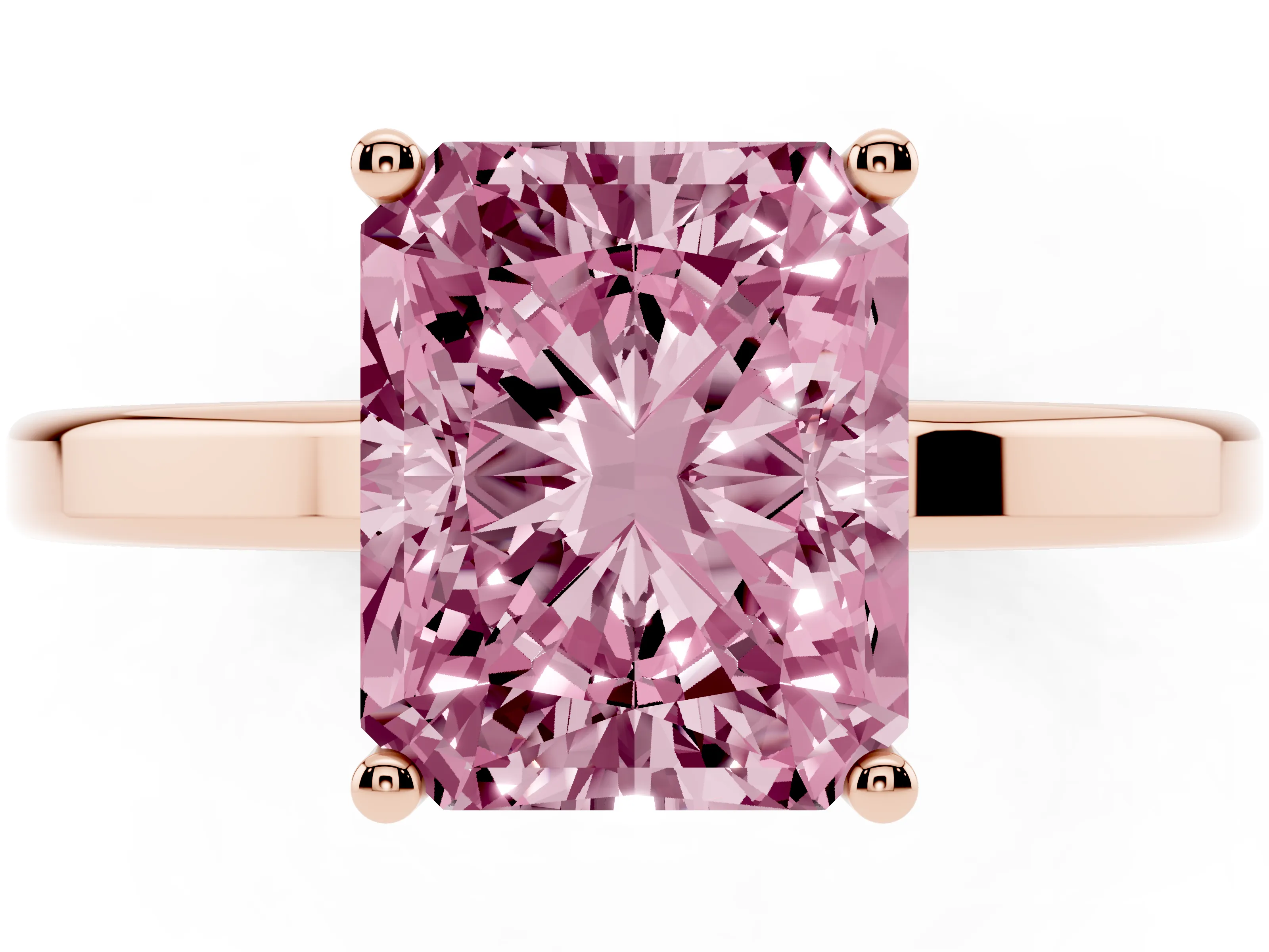 Fancy Pink Radiant Cut Diamond Solitaire Engagement Ring Set in Rose gold with Prong Setting on a Plain Band