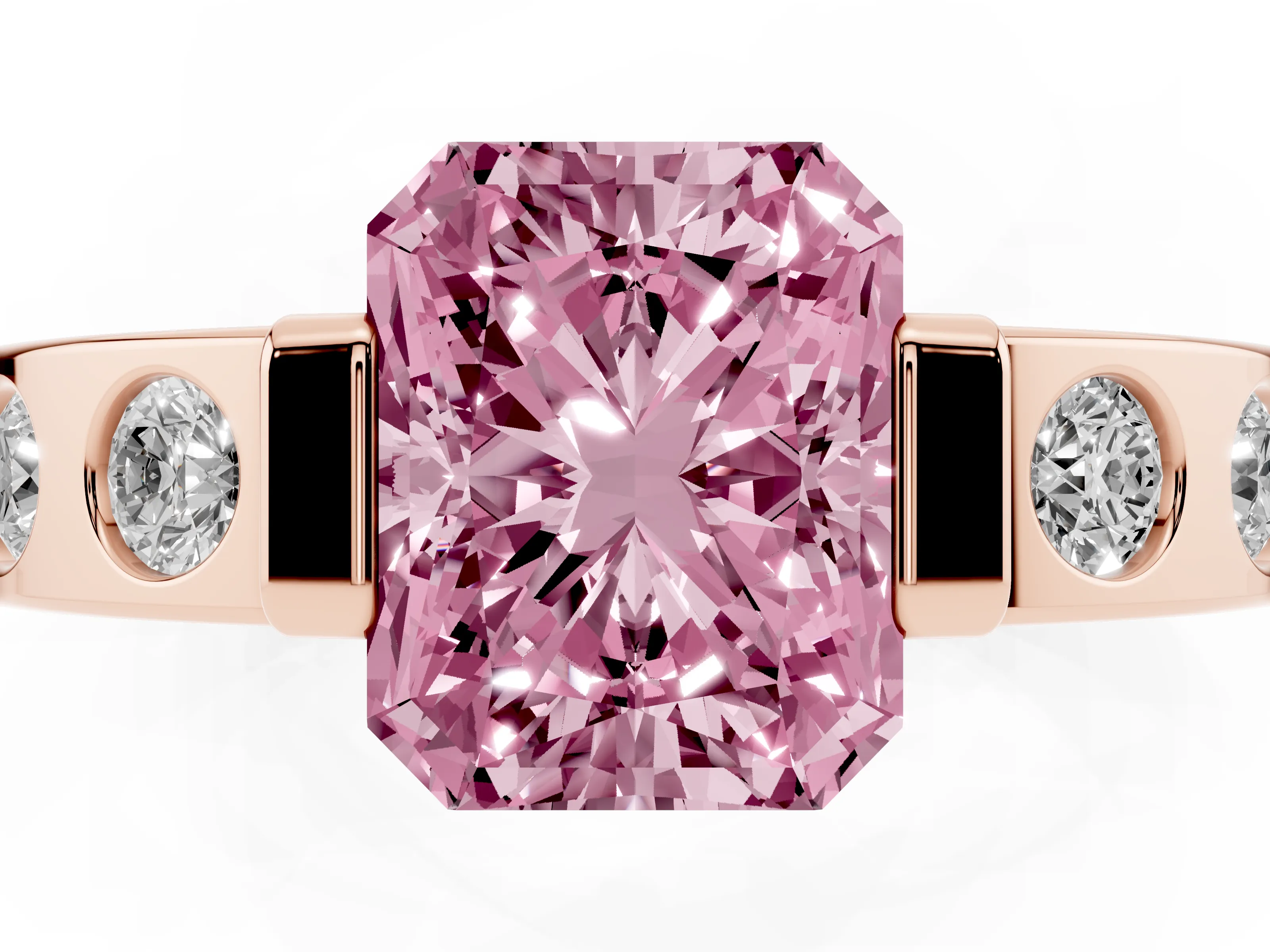 Fancy Pink Radiant Cut Diamond Channel-Set Band Ring Set in Rose gold with Bezel Prong Setting