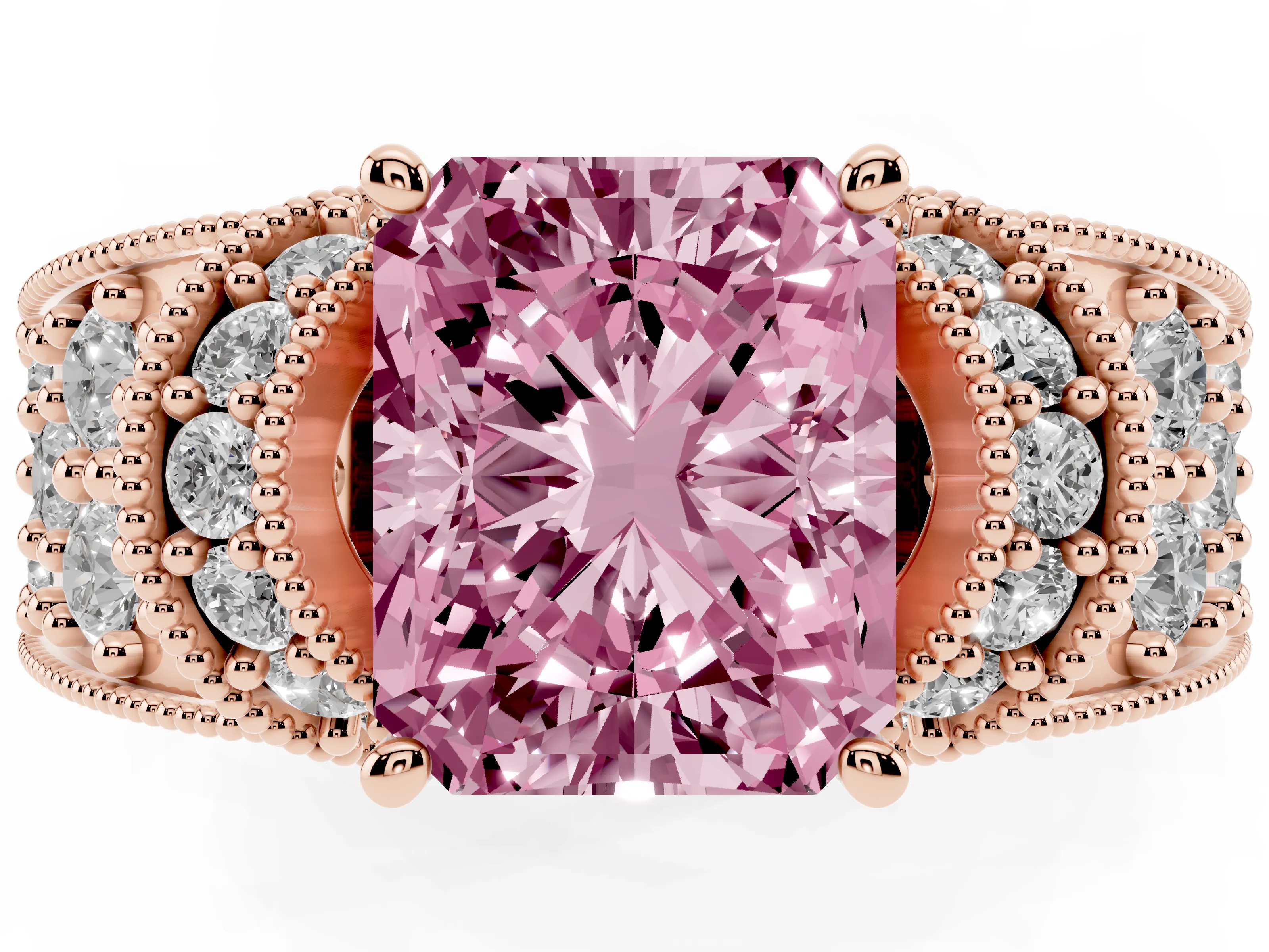 Fancy Pink Radiant Cut Diamond Milgrain Halo Pavé Engagement Ring Set in Rose gold with Prong Setting