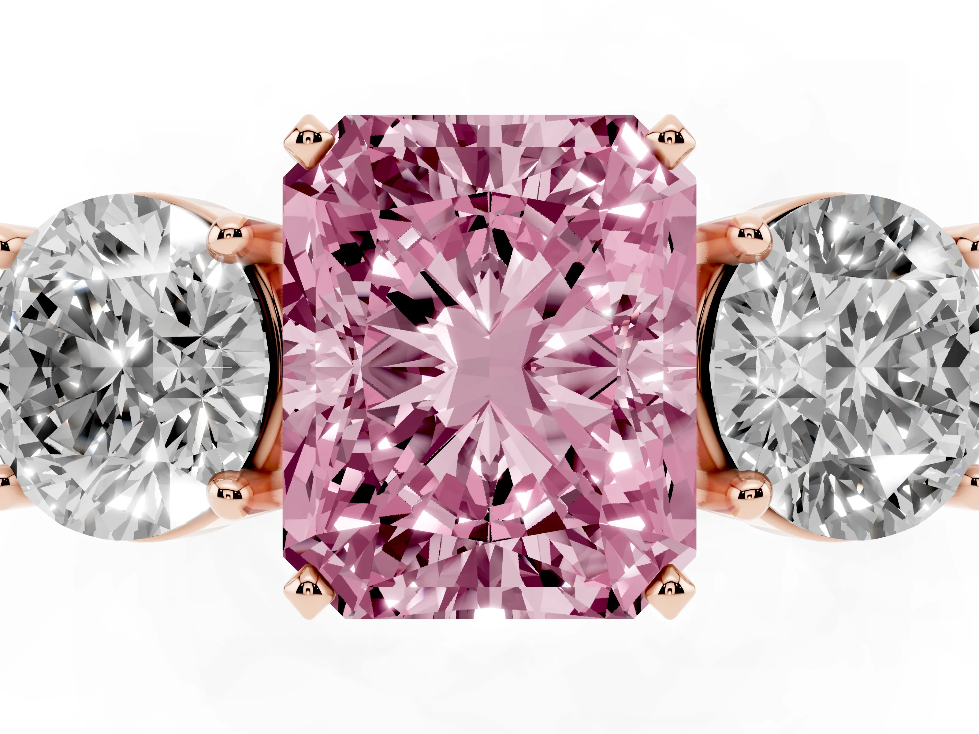 Fancy Pink Radiant Cut Diamond Three-Stone Ring Set in Rose gold with Round Side Stones and Classic Band