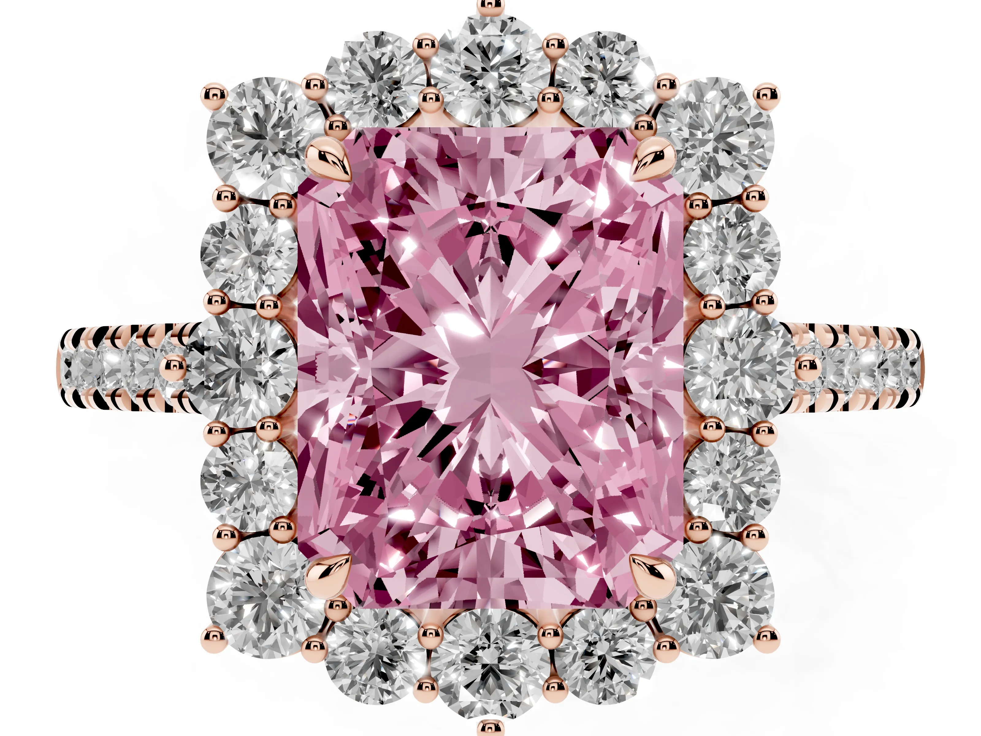 Fancy Pink Radiant Cut Diamond Halo Ring Set in Rose gold with Pavé Band and Prong Setting