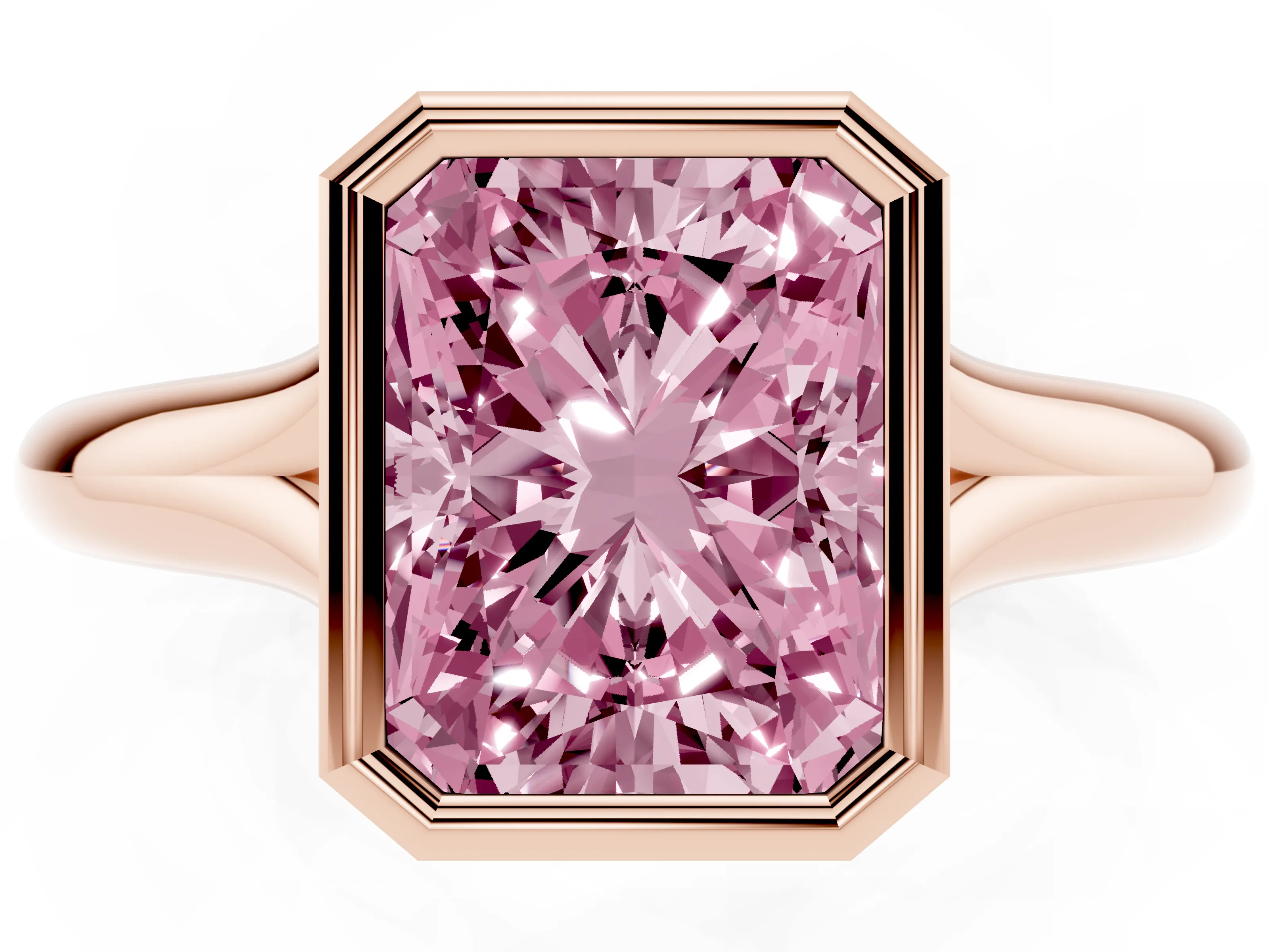 Fancy Pink Bezel Set Radiant Cut Diamond Solitaire Ring Set in Rose gold with Smooth Band