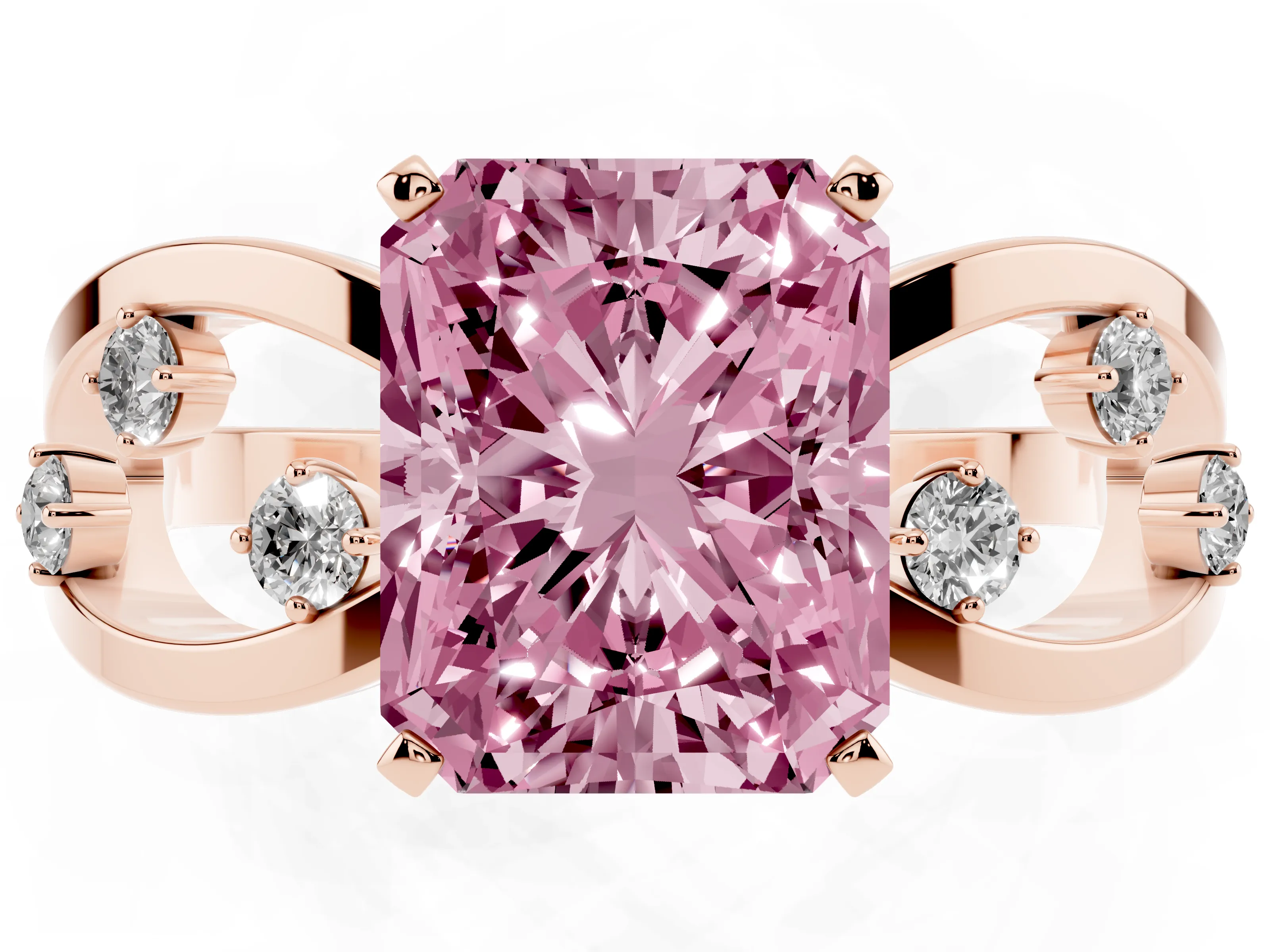 Fancy Pink Radiant Cut Diamond Solitaire Ring Set in Rose gold with Side Stones on Criss-Cross Band and Prong Setting