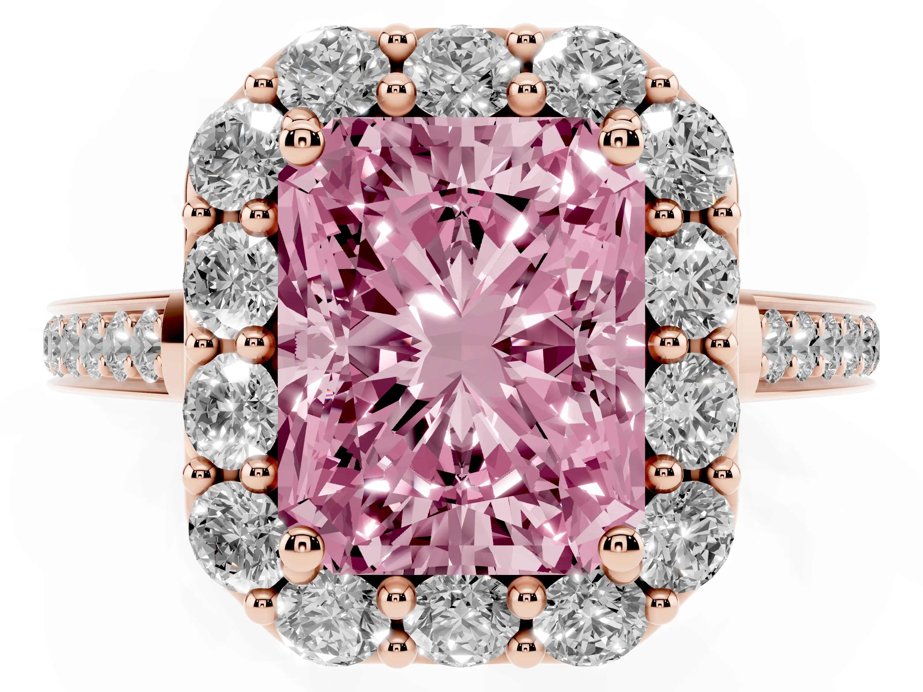 Fancy Pink Radiant Cut Diamond Floral Halo Ring Set in Rose gold with Pavé Band and Prong Setting