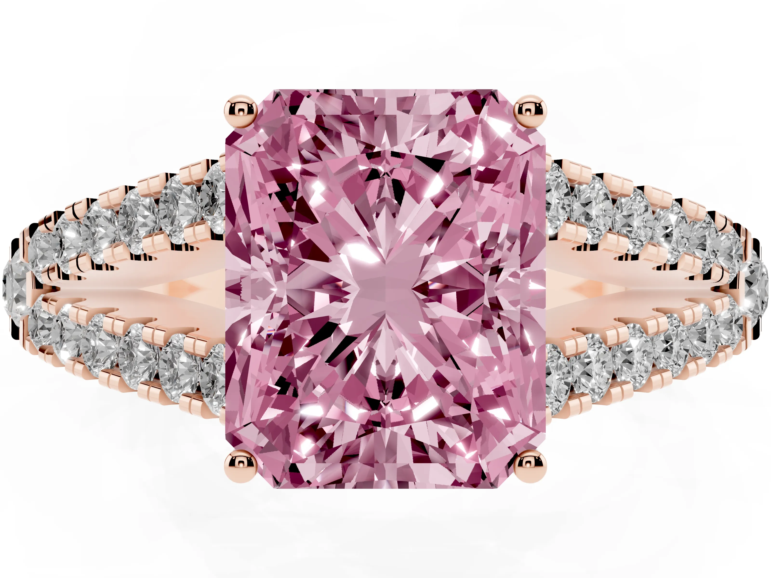 Fancy Pink Radiant Cut Diamond Split Shank Pavé Engagement Ring Set in Rose gold with Prong-Held Center Stone