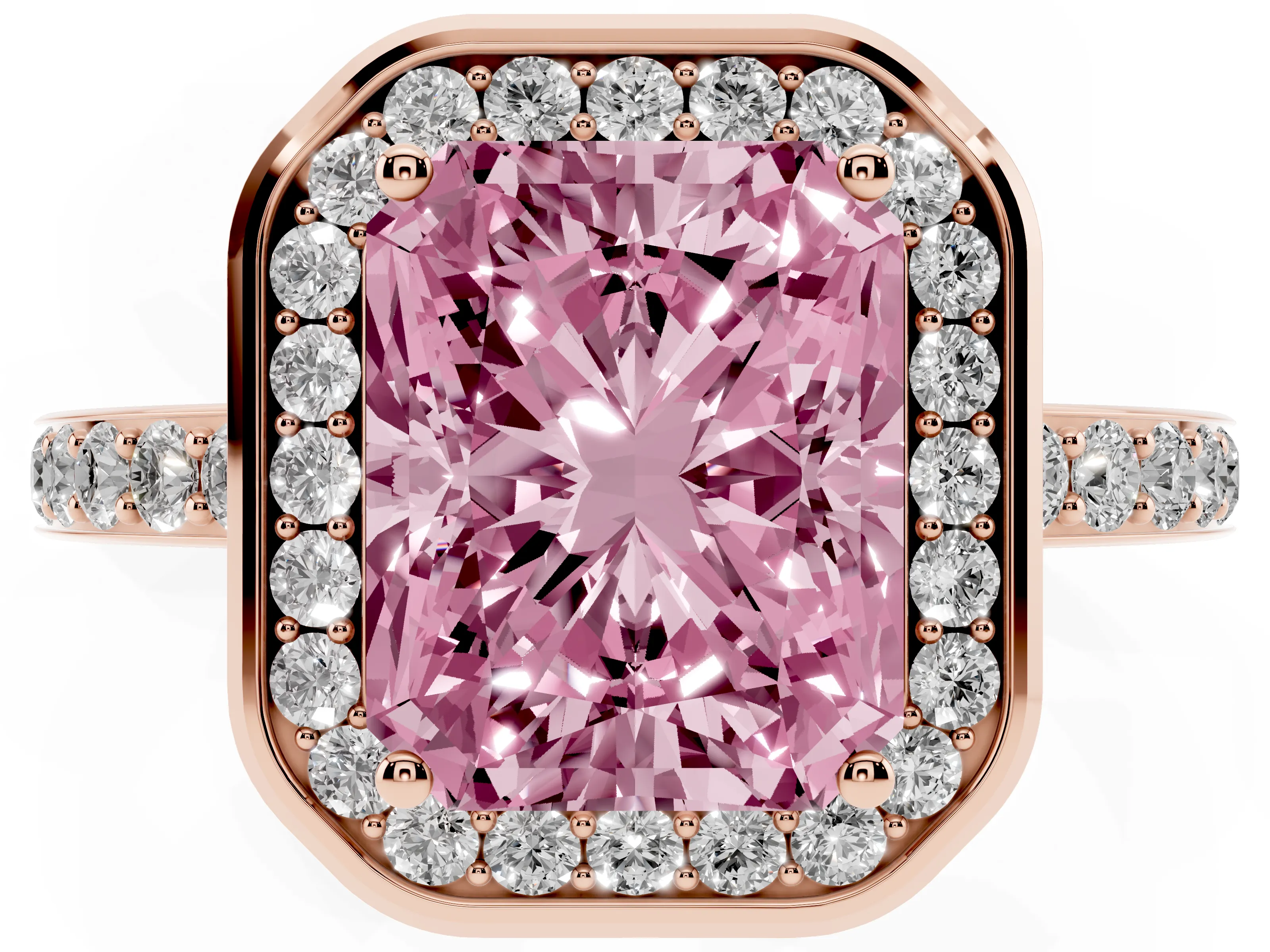 Fancy Pink Radiant Cut Diamond Halo Ring Set in Rose gold with Bezel Frame and Pavé Band