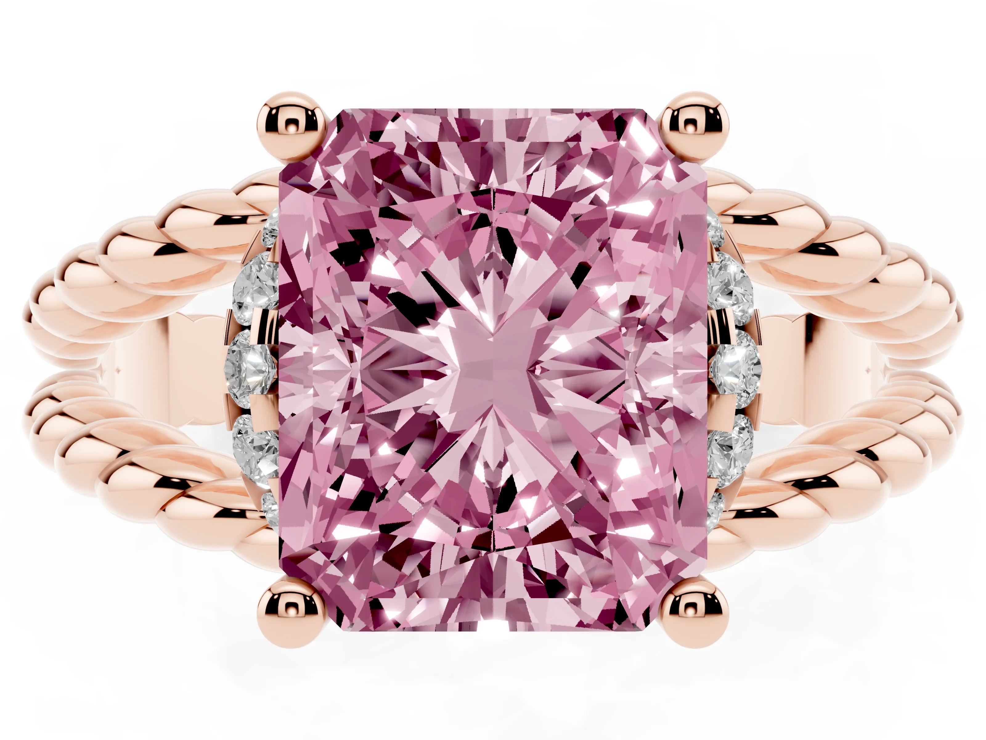 Fancy Pink Radiant Cut Diamond Halo Ring Set in Rose gold with Twisted Band and Prong Setting