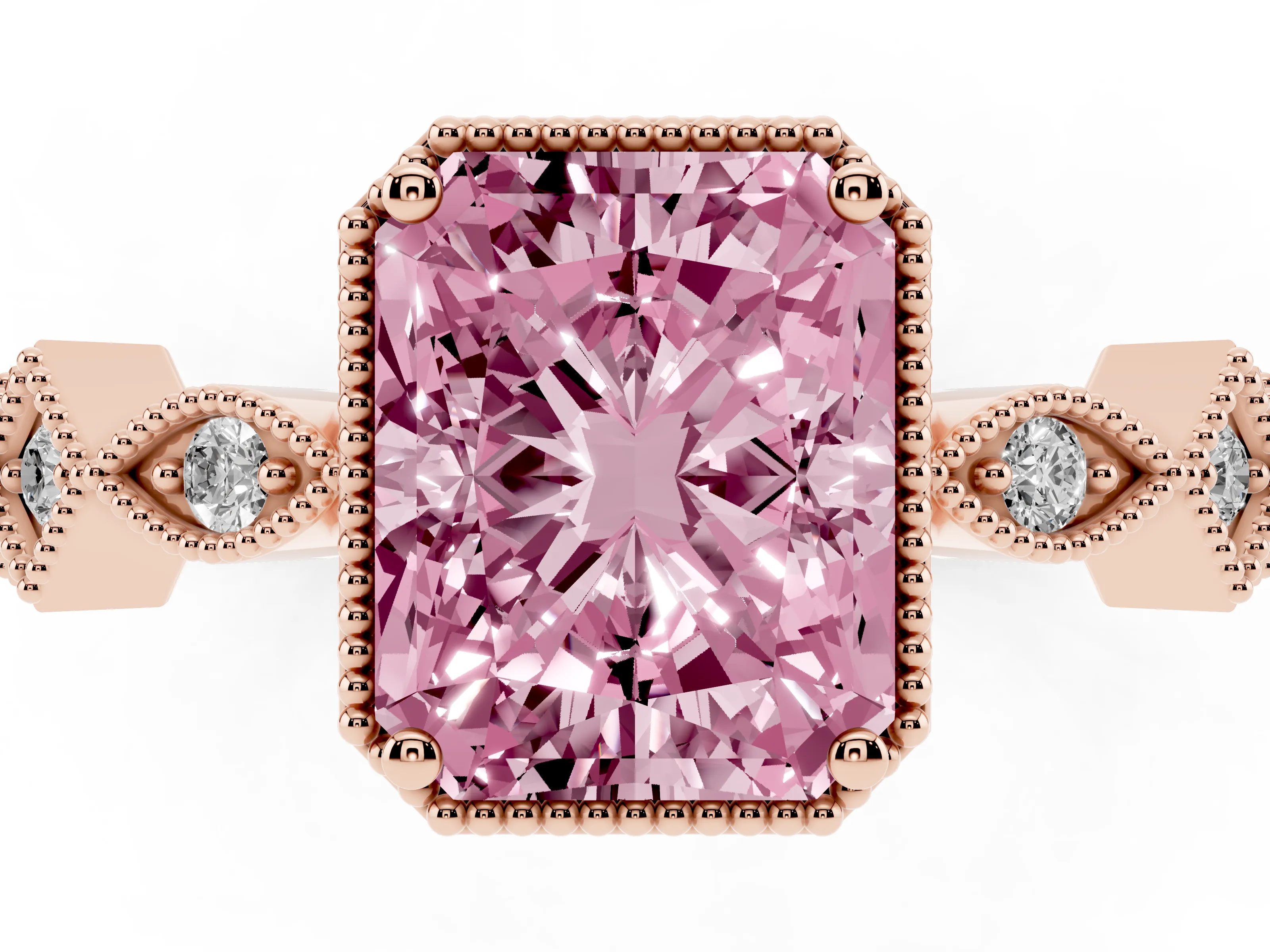 Fancy Pink Radiant Cut Diamond Milgrain Marquise Twist Band Ring Set in Rose gold with Prong Setting