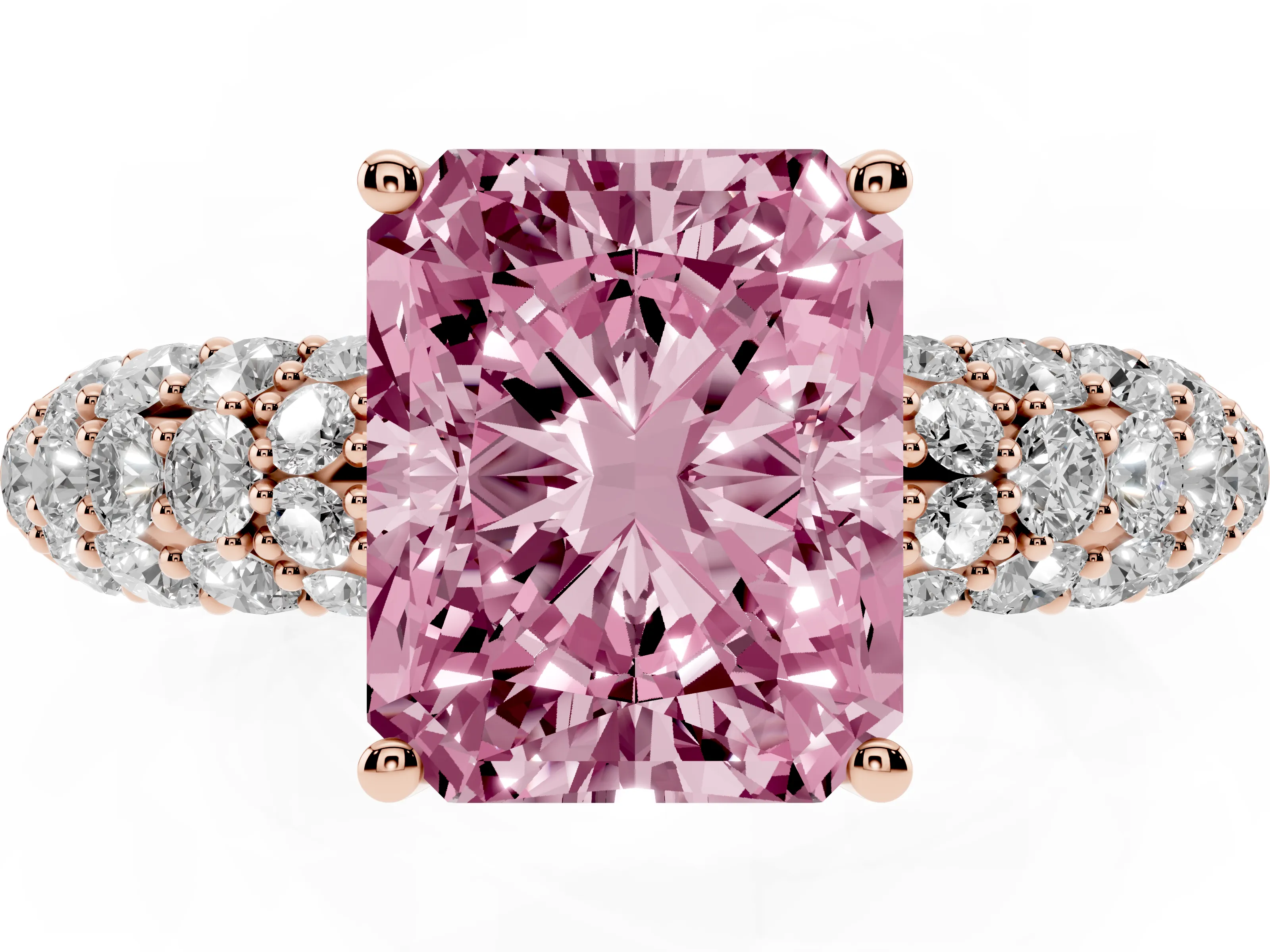 Fancy Pink Radiant Cut Diamond Pavé Band Solitaire Ring Set in Rose gold with Close-Set Accent Stones and Prong Setting