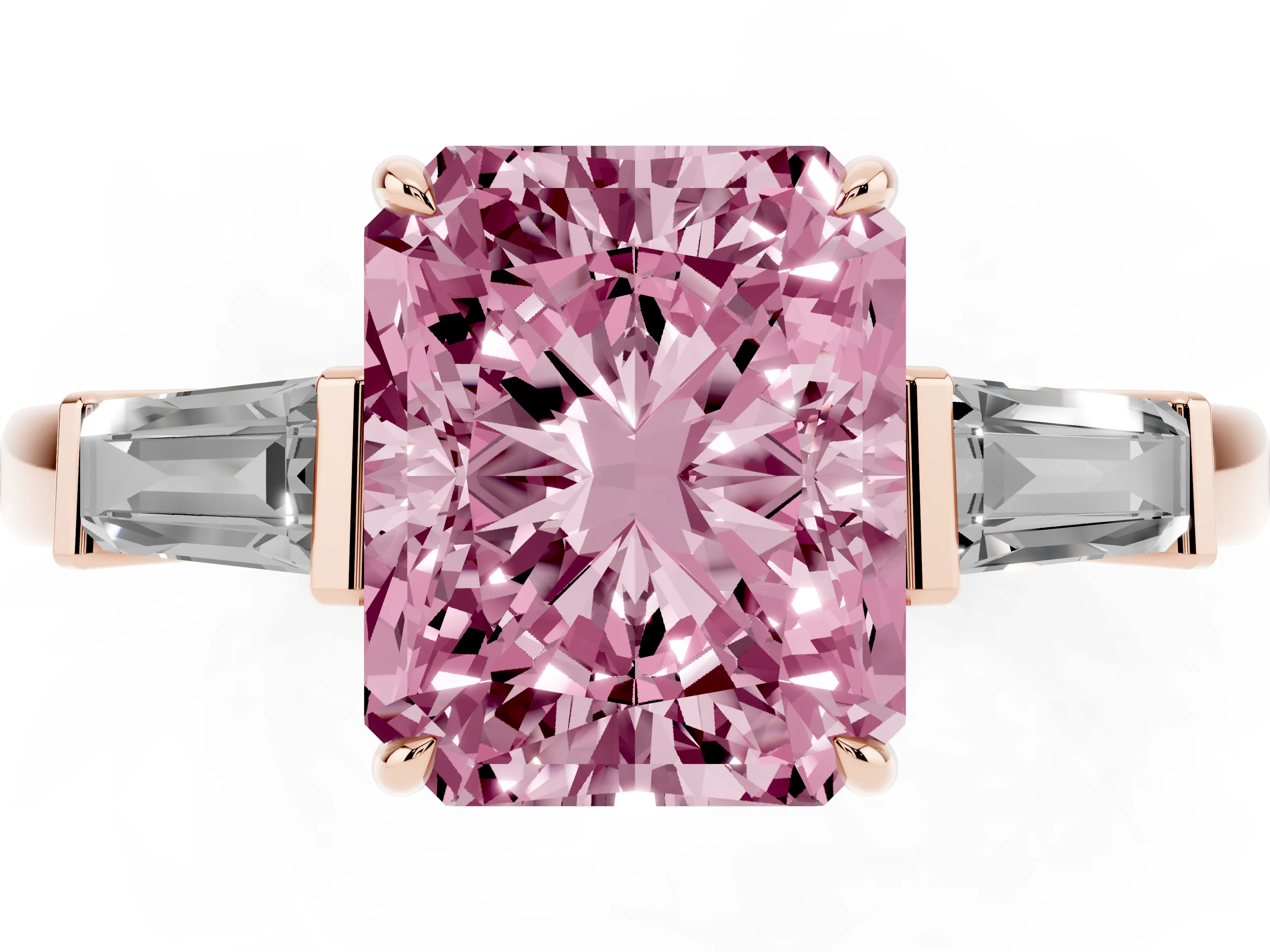 Fancy Pink Radiant Cut Diamond Three-Stone Ring Set in Rose gold with Tapered Baguette Side Stones and Prong Setting