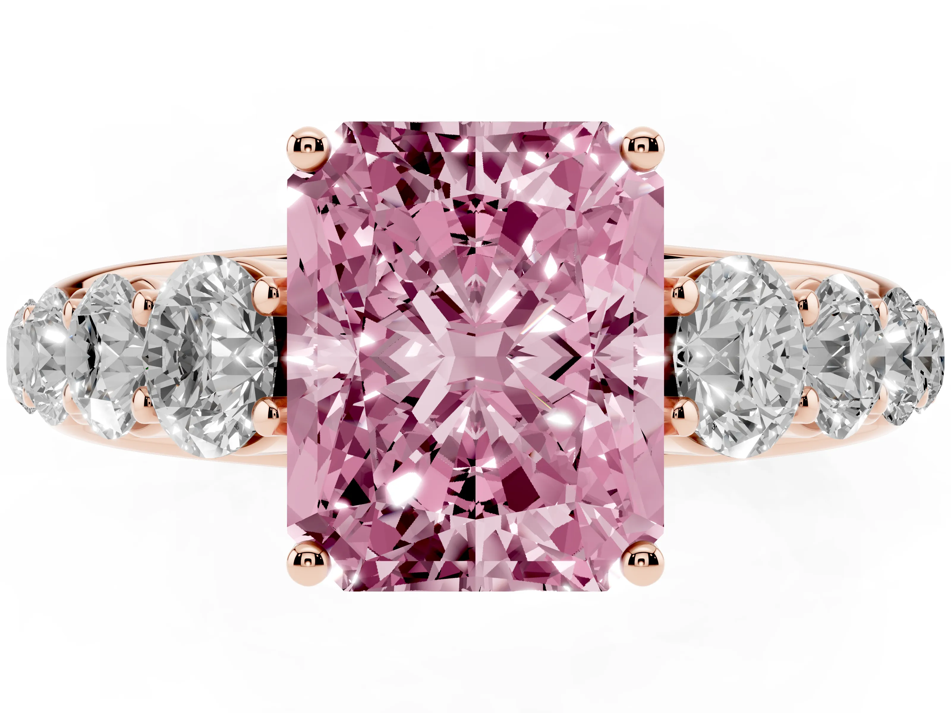 Fancy Pink Radiant Cut Diamond Solitaire Ring Set in Rose gold with Pavé-Set Band and Prong Setting