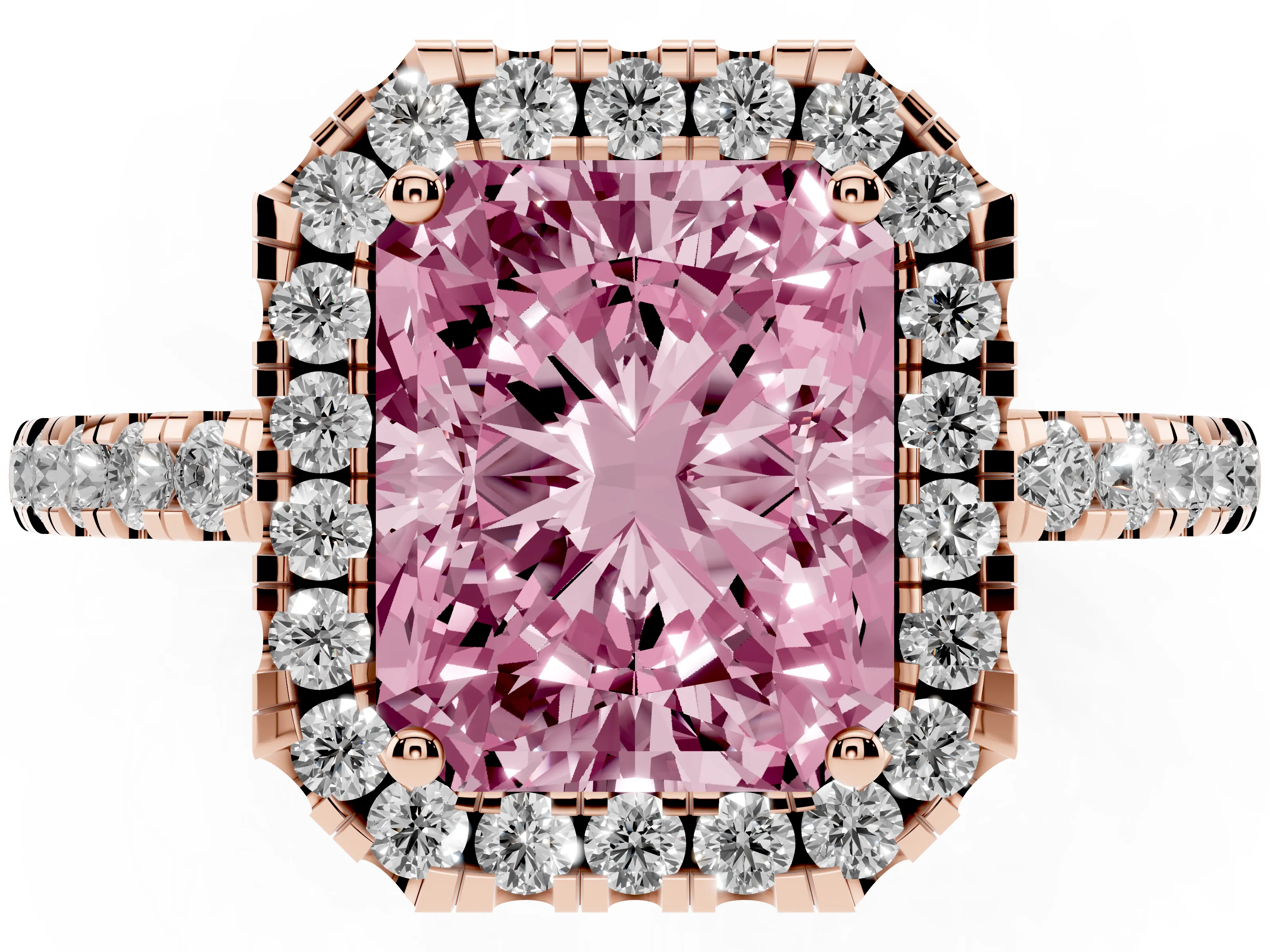 Fancy Pink Radiant Cut Diamond Pavé Band Halo Engagement Ring Set in Rose gold with Prong Setting